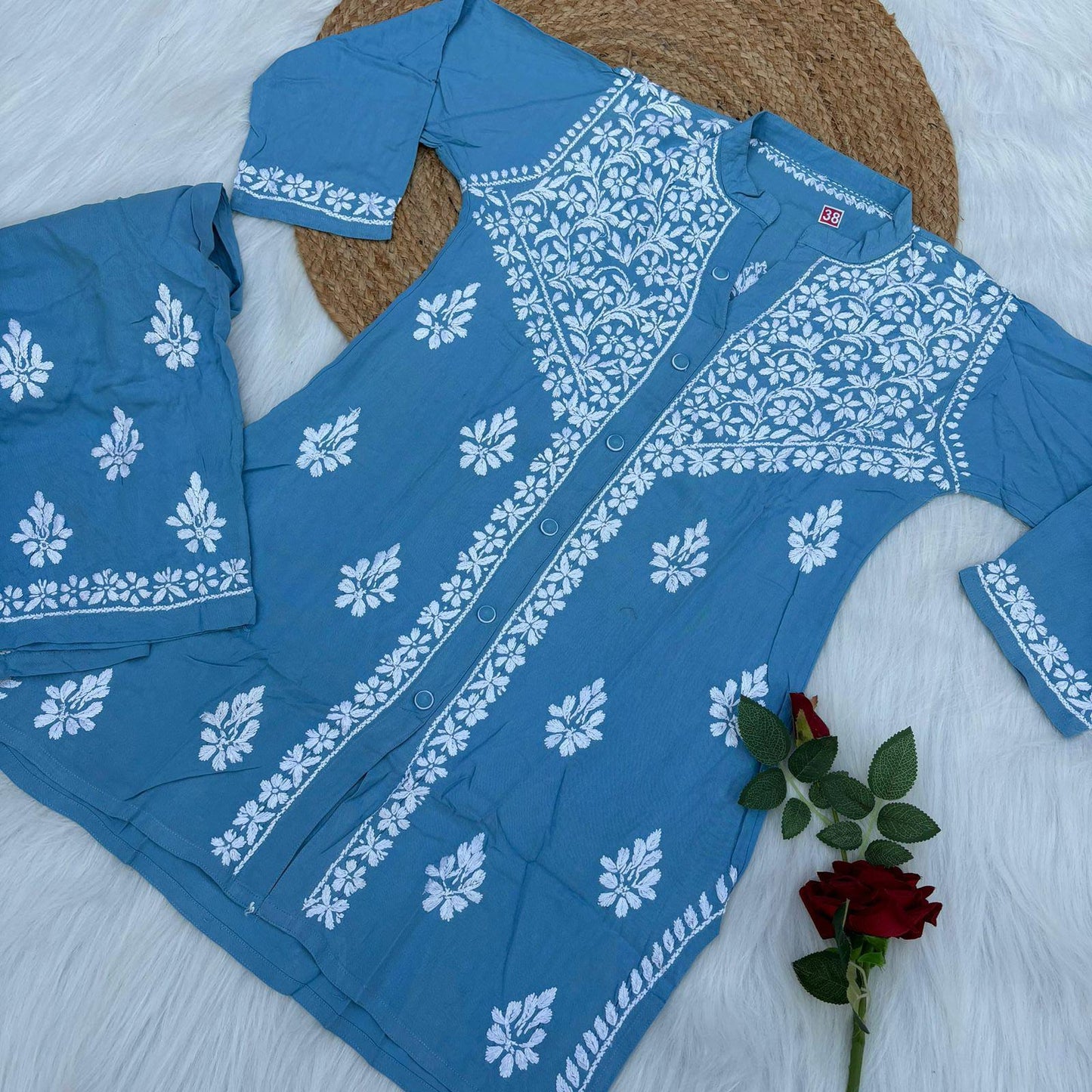 Rihana Rayon Chikankari Short Kurti Plazo Coord Set - Sky Blue colour - Chikankaar