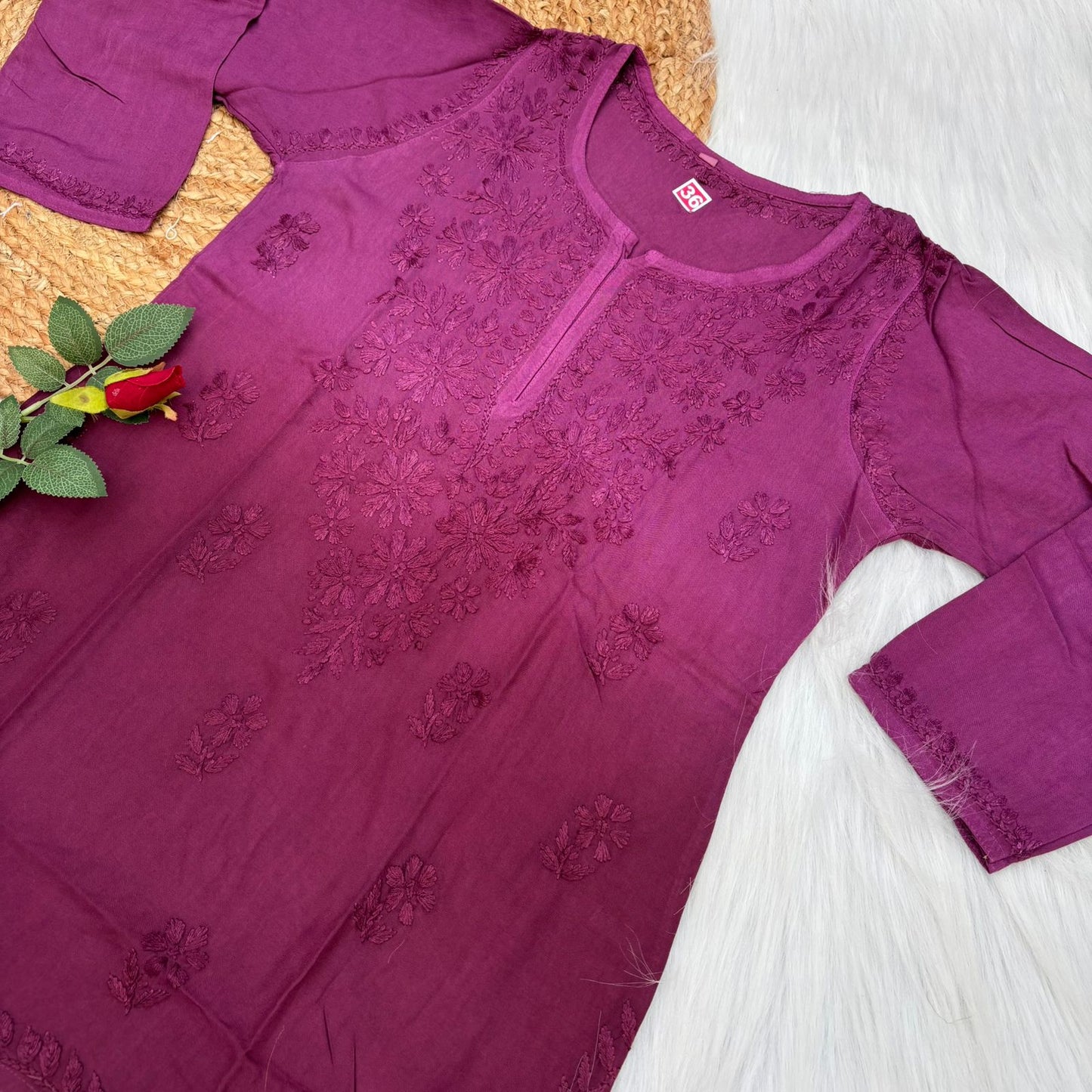 Sofia Ombre Shaded Soft Rayon Chikankari Short Kurti -Wine Colour - Chikankaar