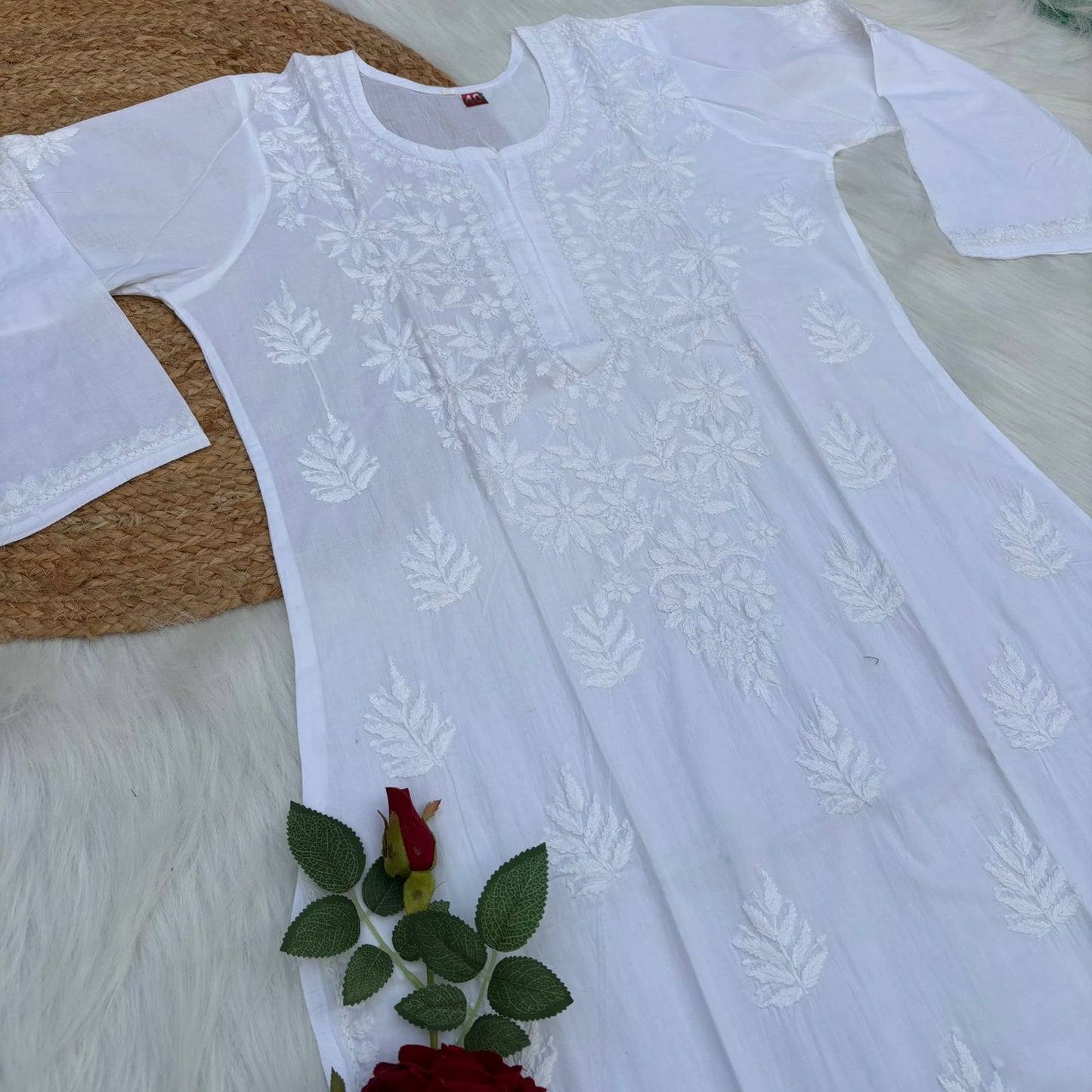 Arfa Pure Cotton Chikankari Kurti - White Color - Chikankaar