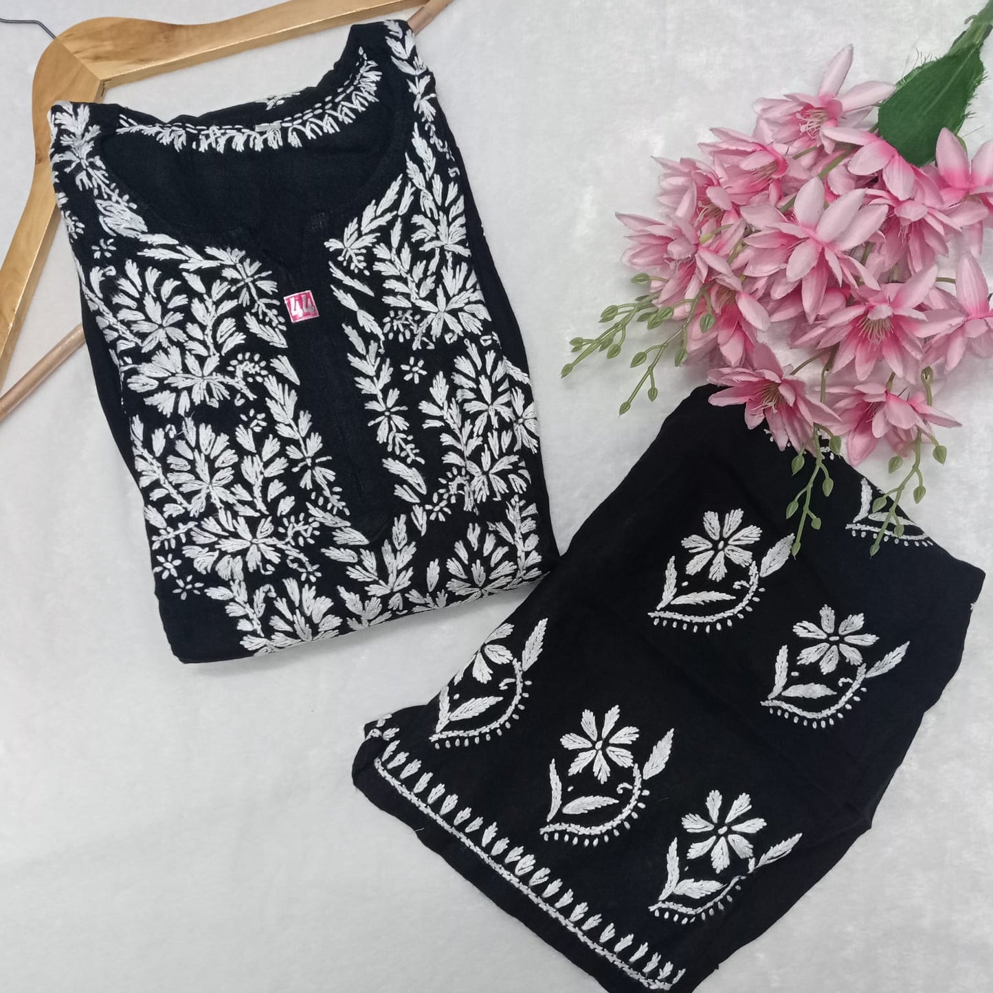 PURE RAYON KURTI PLAZO CHIKANKARI HANDWORK SET - BLACK COLOUR - Chikankaar