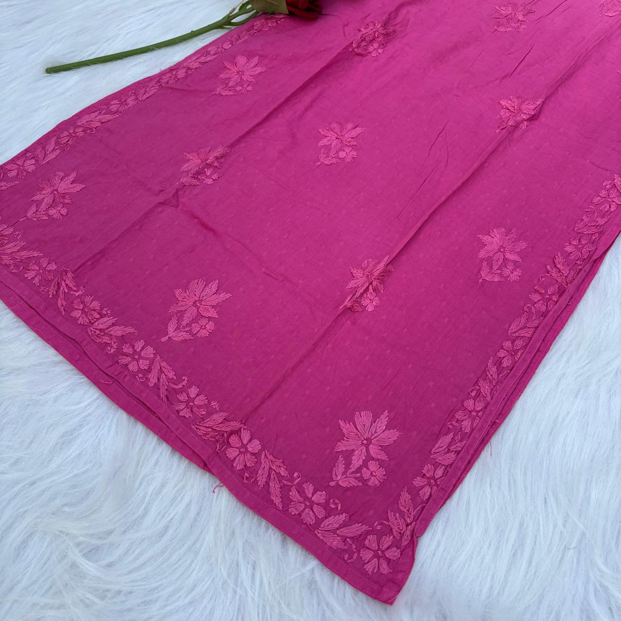 Sadia Dobby Cotton Ombre Shaded Chikankari Kurti with Collar - Pink Colour