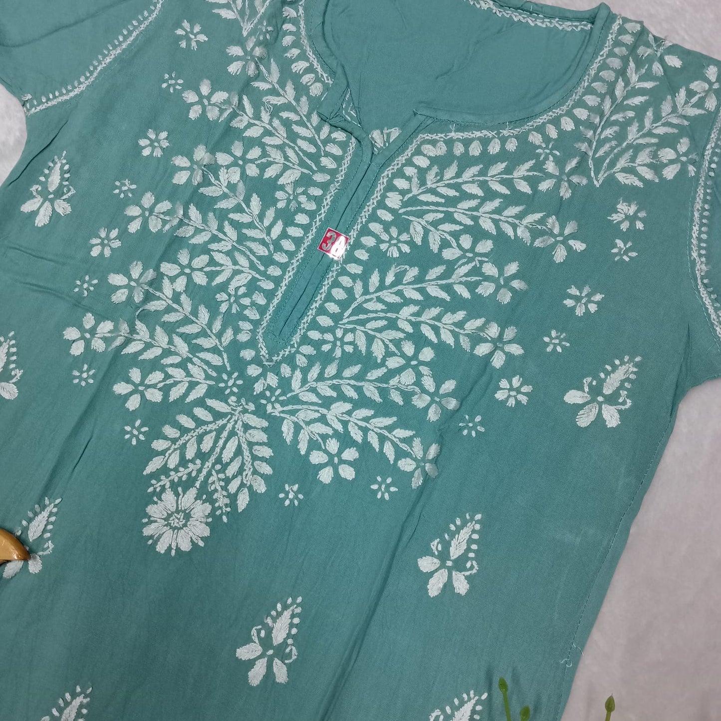 Soft Rayon Chikankari Ghaspatti Work Kurti -Aqua Lake Colour - Chikankaar