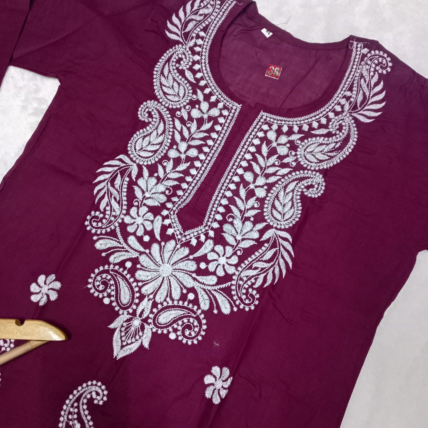 Cotton Machine Work Chikankari Kurti - Wine Colour - Chikankaar