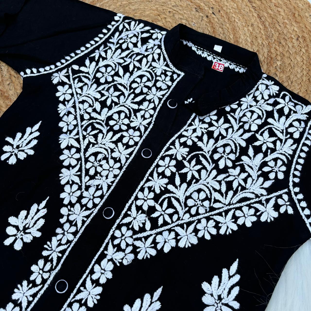 Rihana Rayon Chikankari Short Kurti Plazo Coord Set - Black colour - Chikankaar