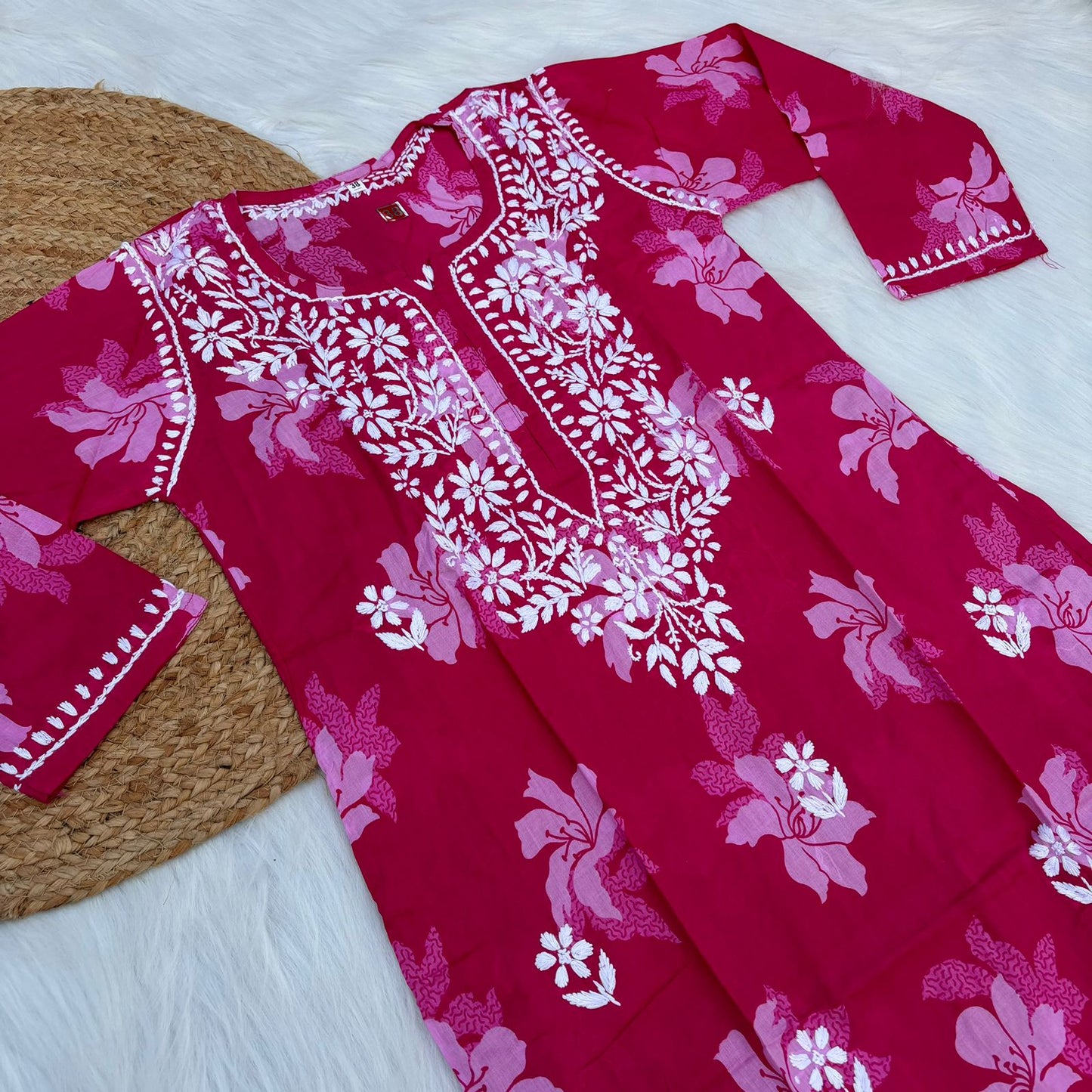 Suhana Khan Inspired Pure Mulmul Chikankari Kurti- Pink Colour - Chikankaar