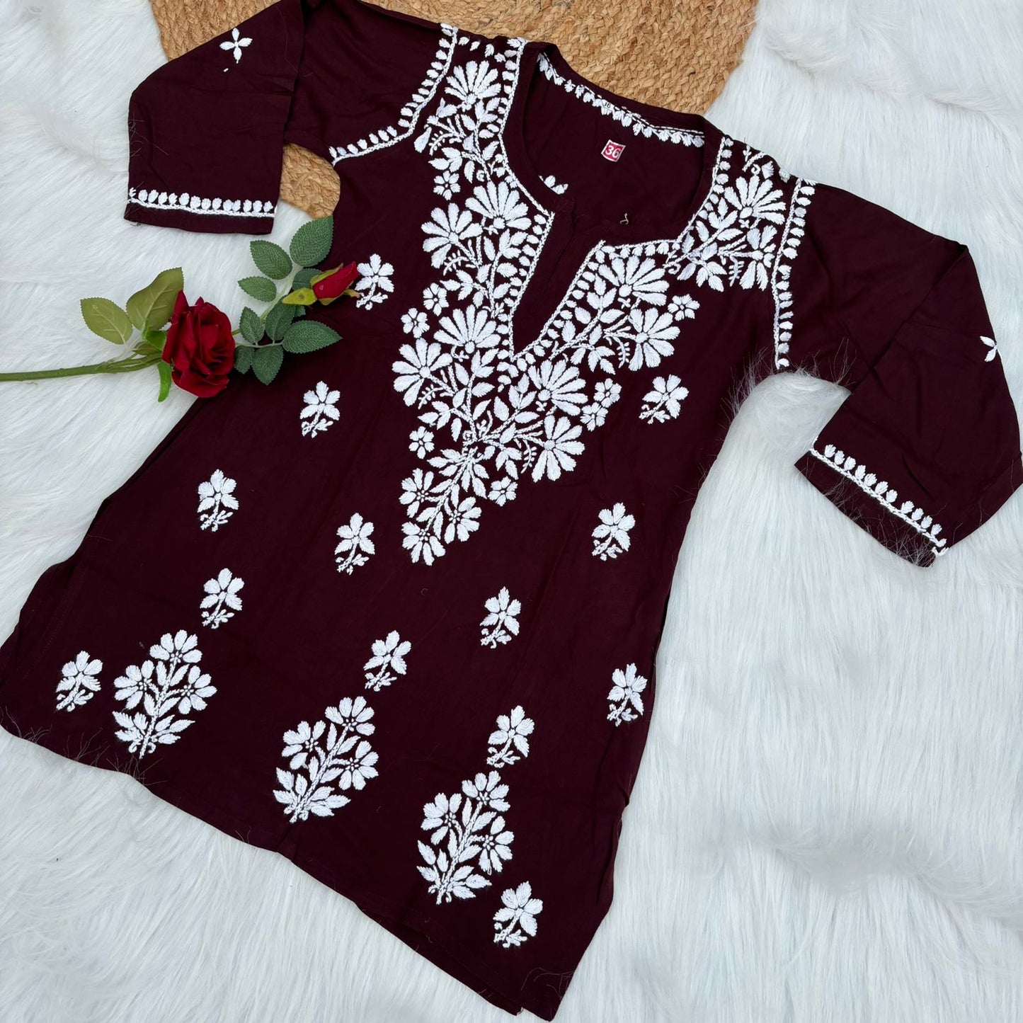 Ina Soft Rayon Chikankari Short Kurti - Brown Colour - Chikankaar