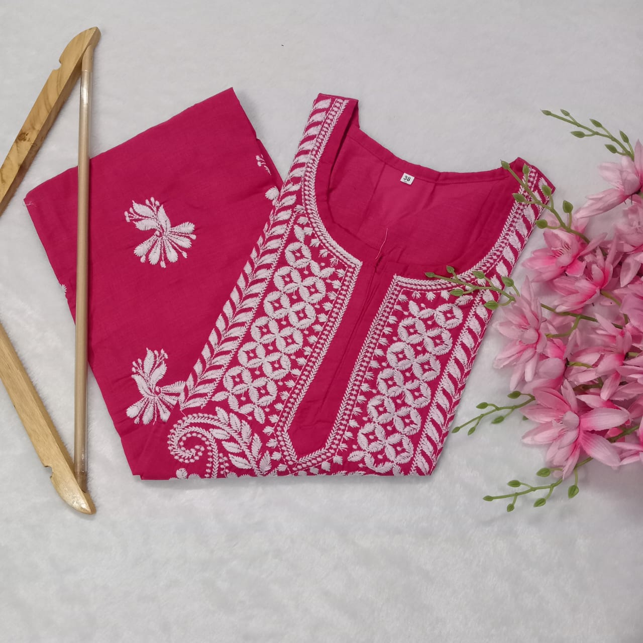 COTTON MACHINE WORK CHIKANKARI KURTI RANI COLOUR - Chikankaar