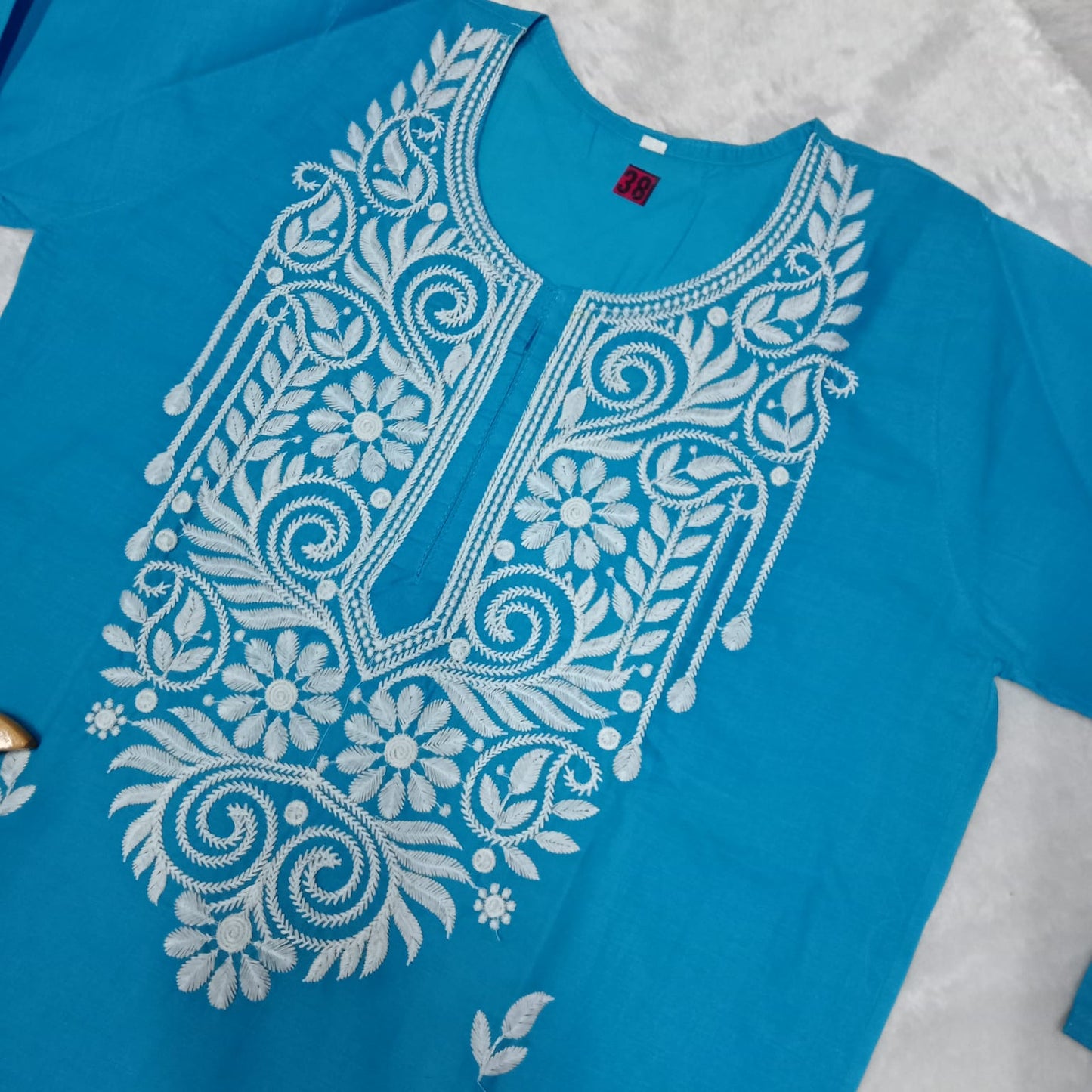 Cotton Machine Work Chikankari Kurti - Sky Blue Colour - Chikankaar