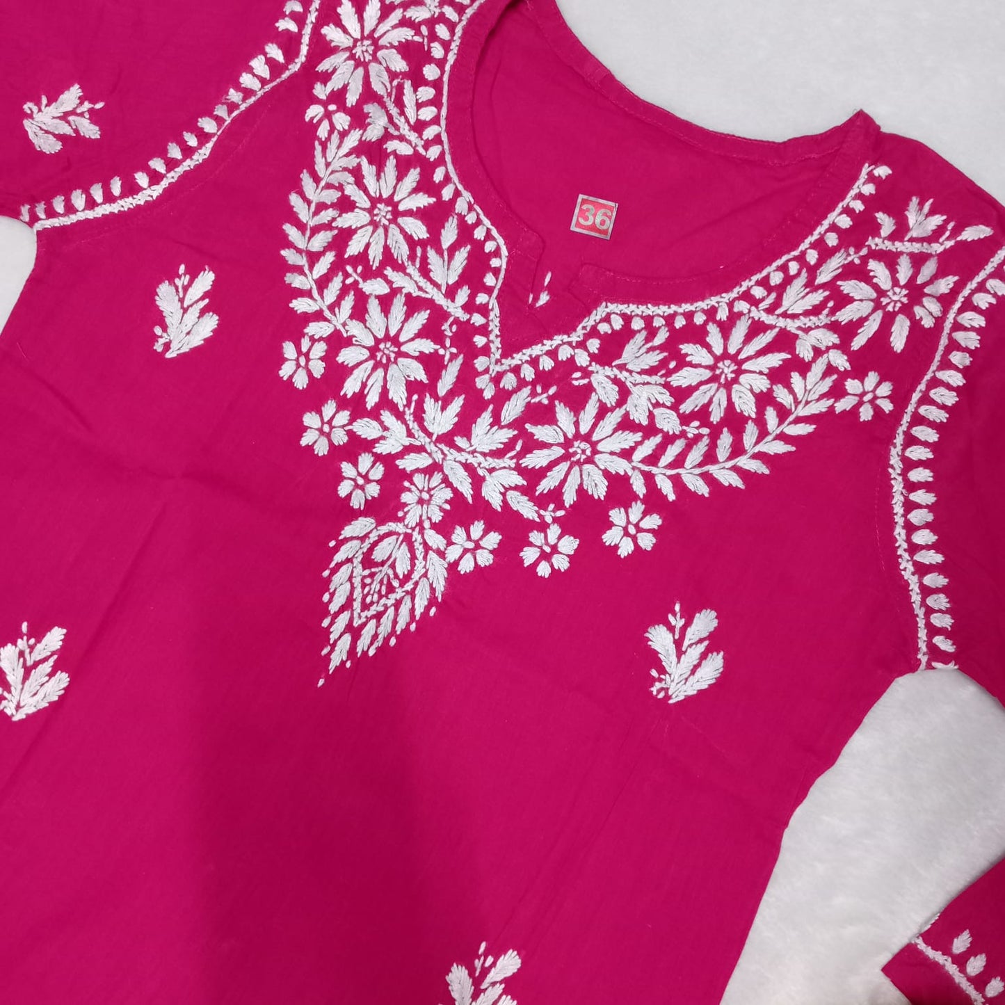 COTTON CHIKANKARI HANDWORK SHORT KURTI -RANI COLOUR - Chikankaar