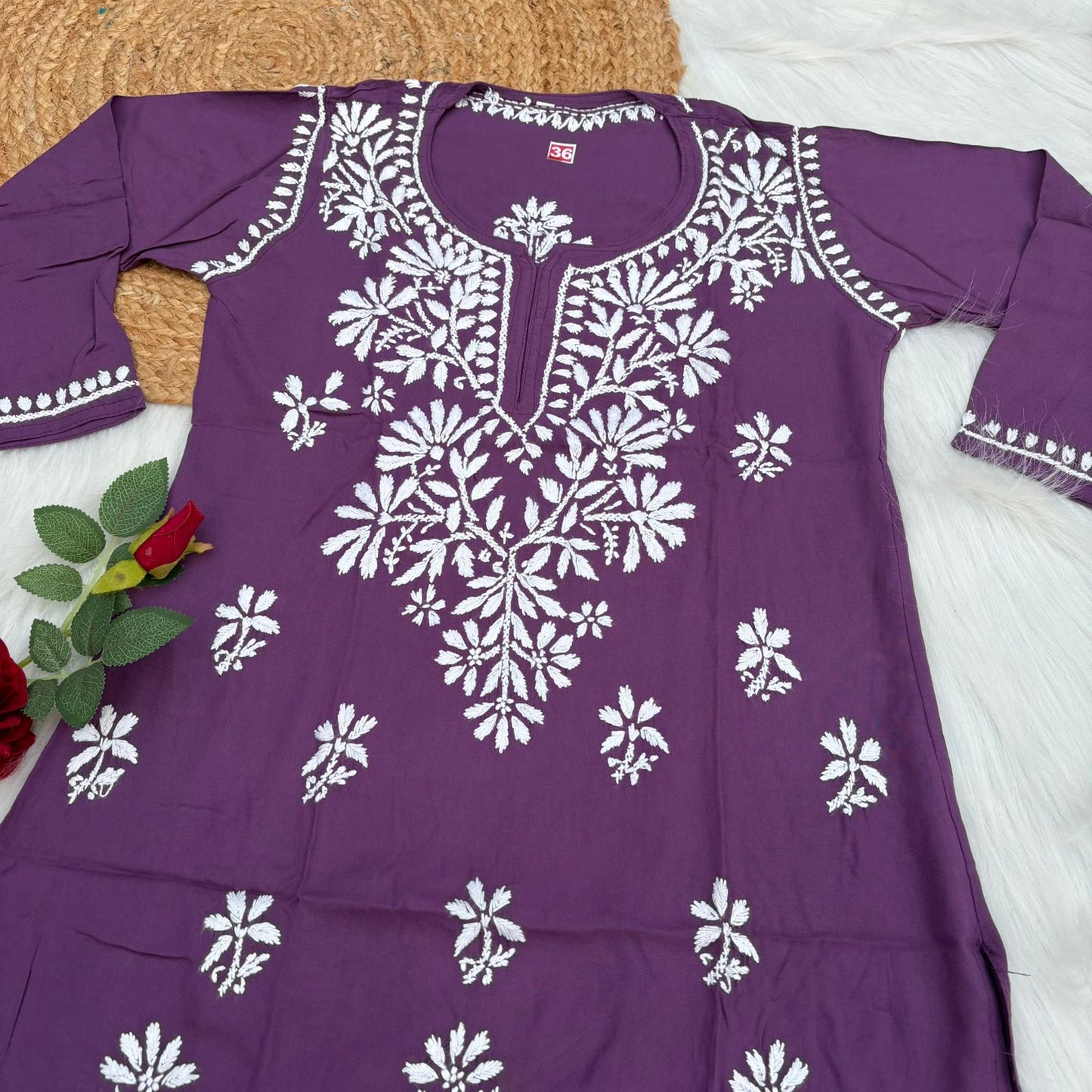 Ina Soft Rayon Chikankari Short Kurti - Mauve Colour - Chikankaar