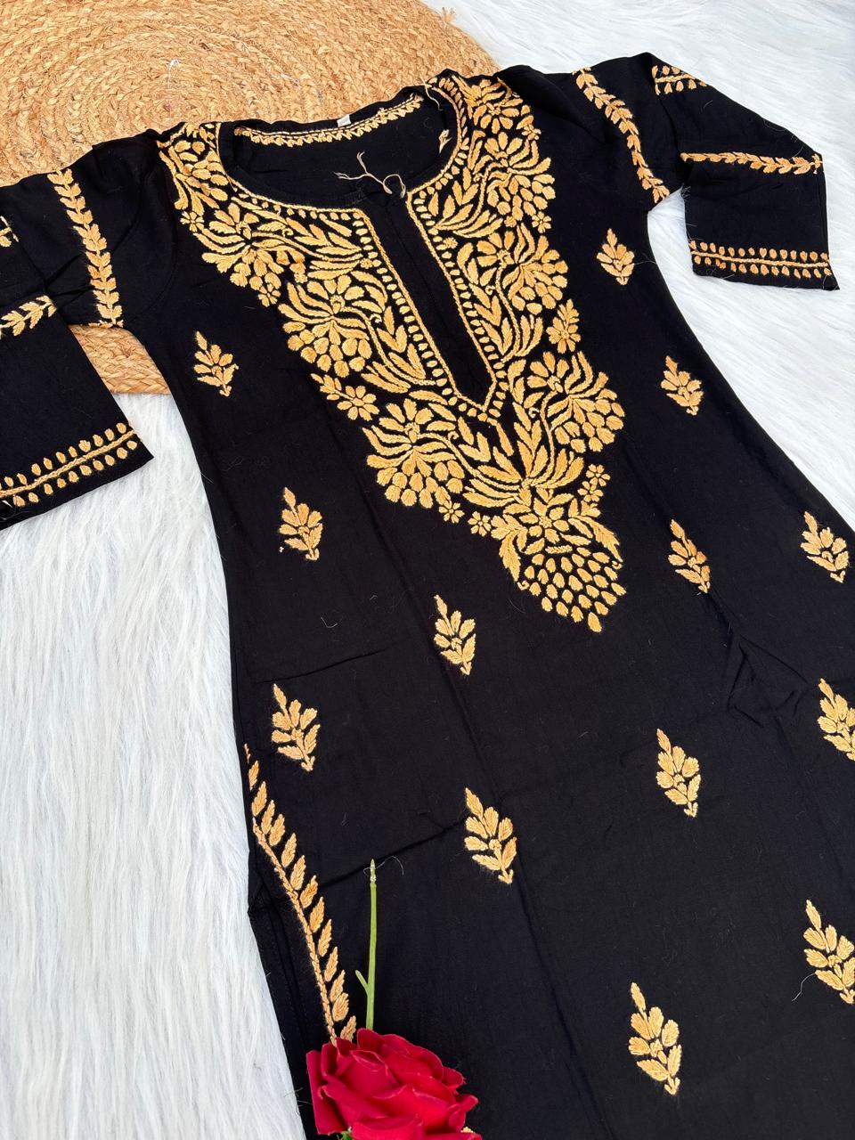 Shifa Soft Rayon Lucknowi Chikankari Kurti - Black Yellow Color