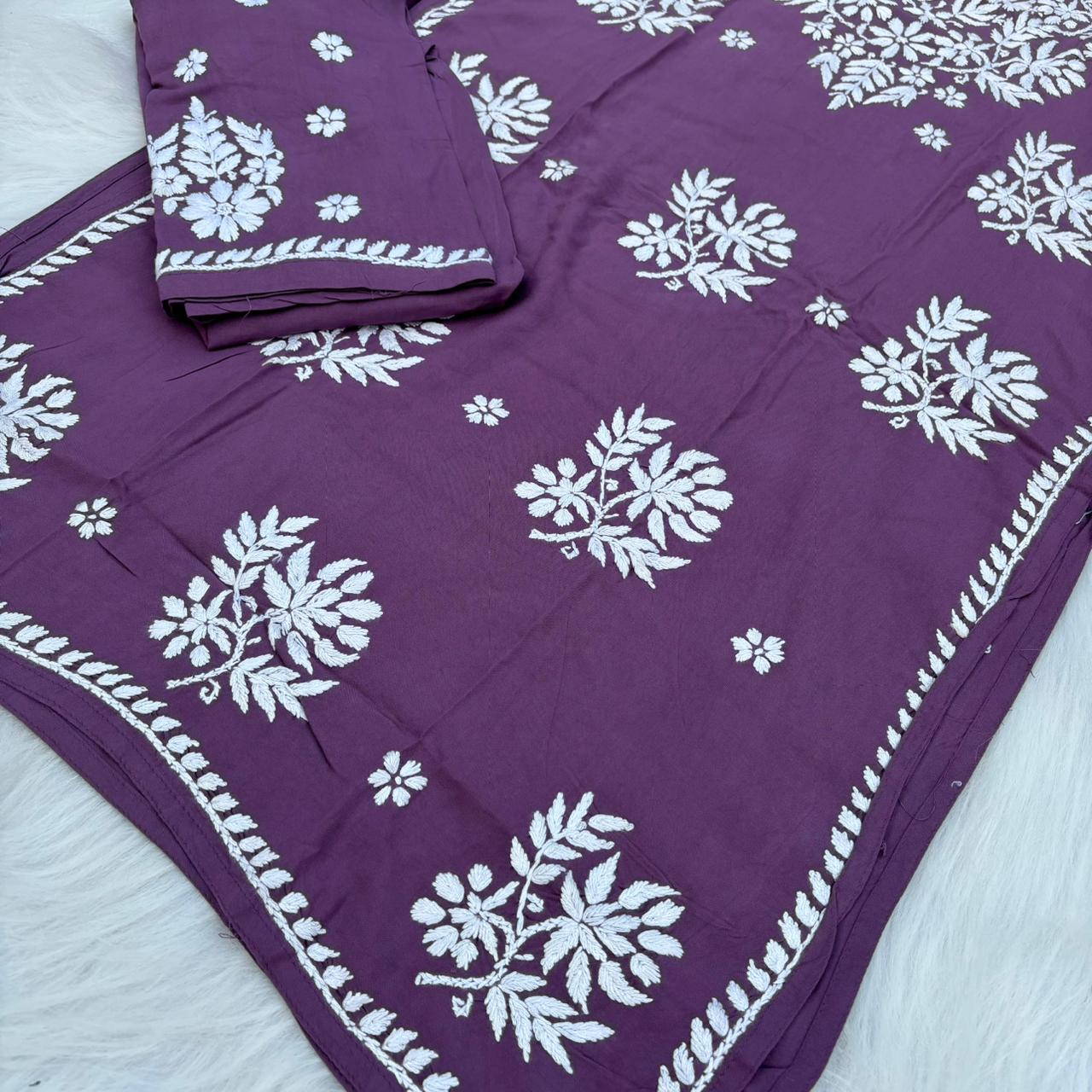 Jannat Soft Rayon Chikankari Kurti Plazo Set - Mauve colour - Chikankaar