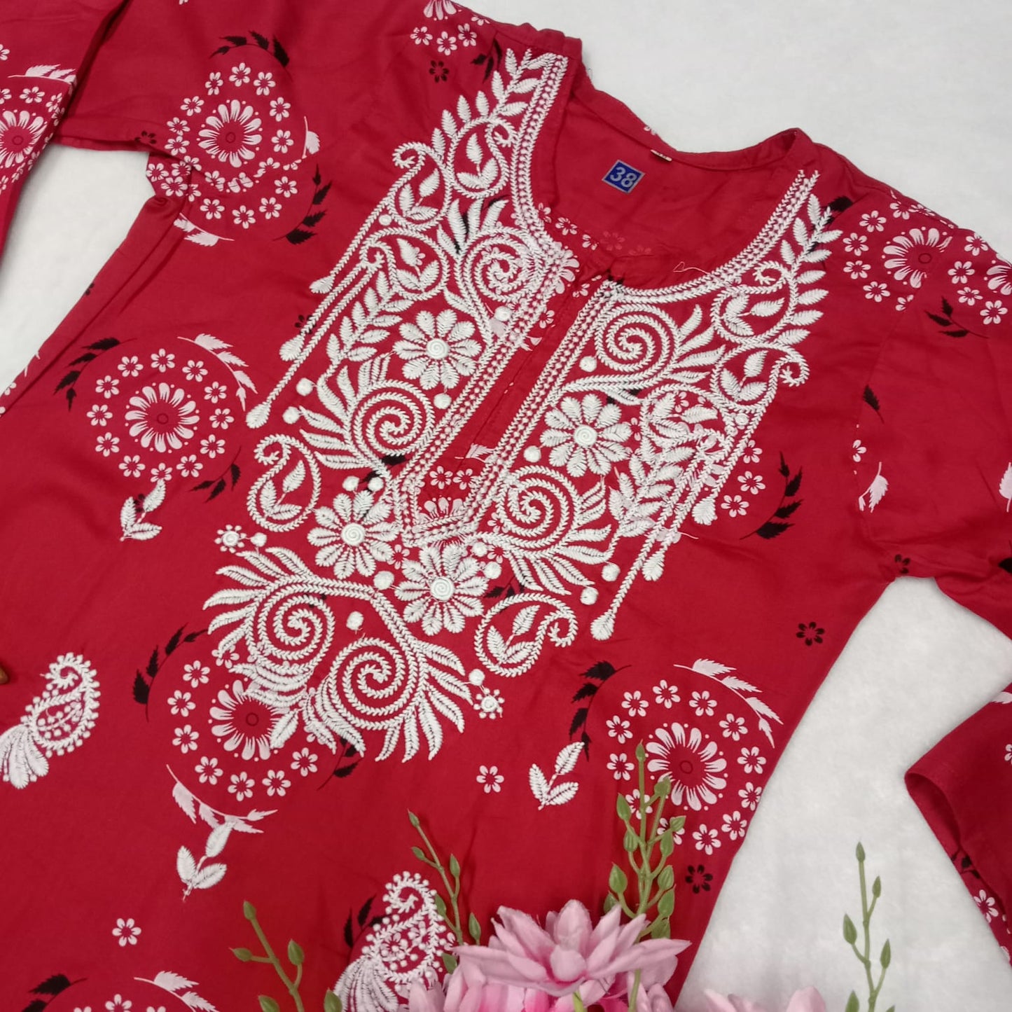 Rayon Chikankari Machine Work Kurti -Red Color - Chikankaar