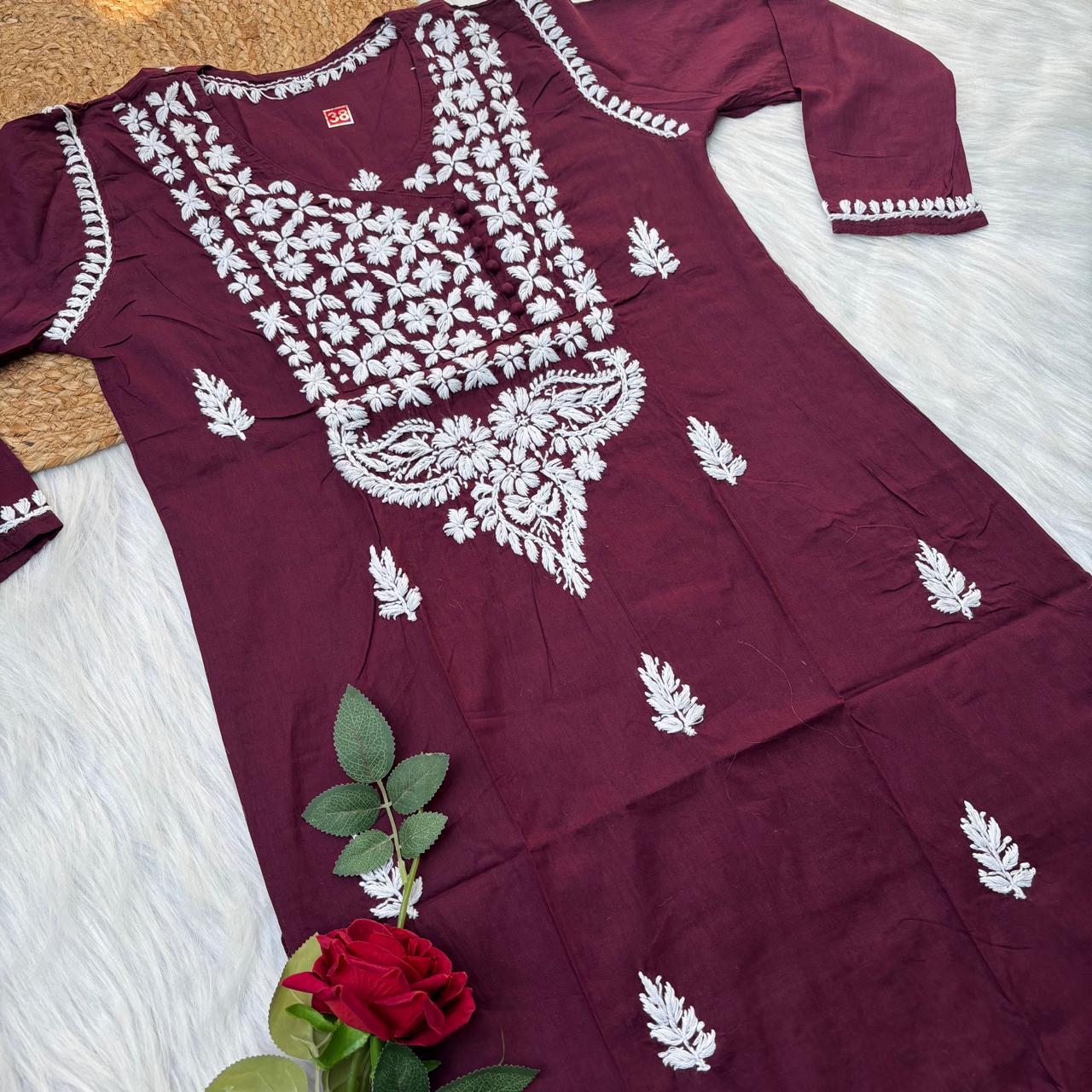 Sabeena Pure Cotton Chikankari Kurti Wine Colour