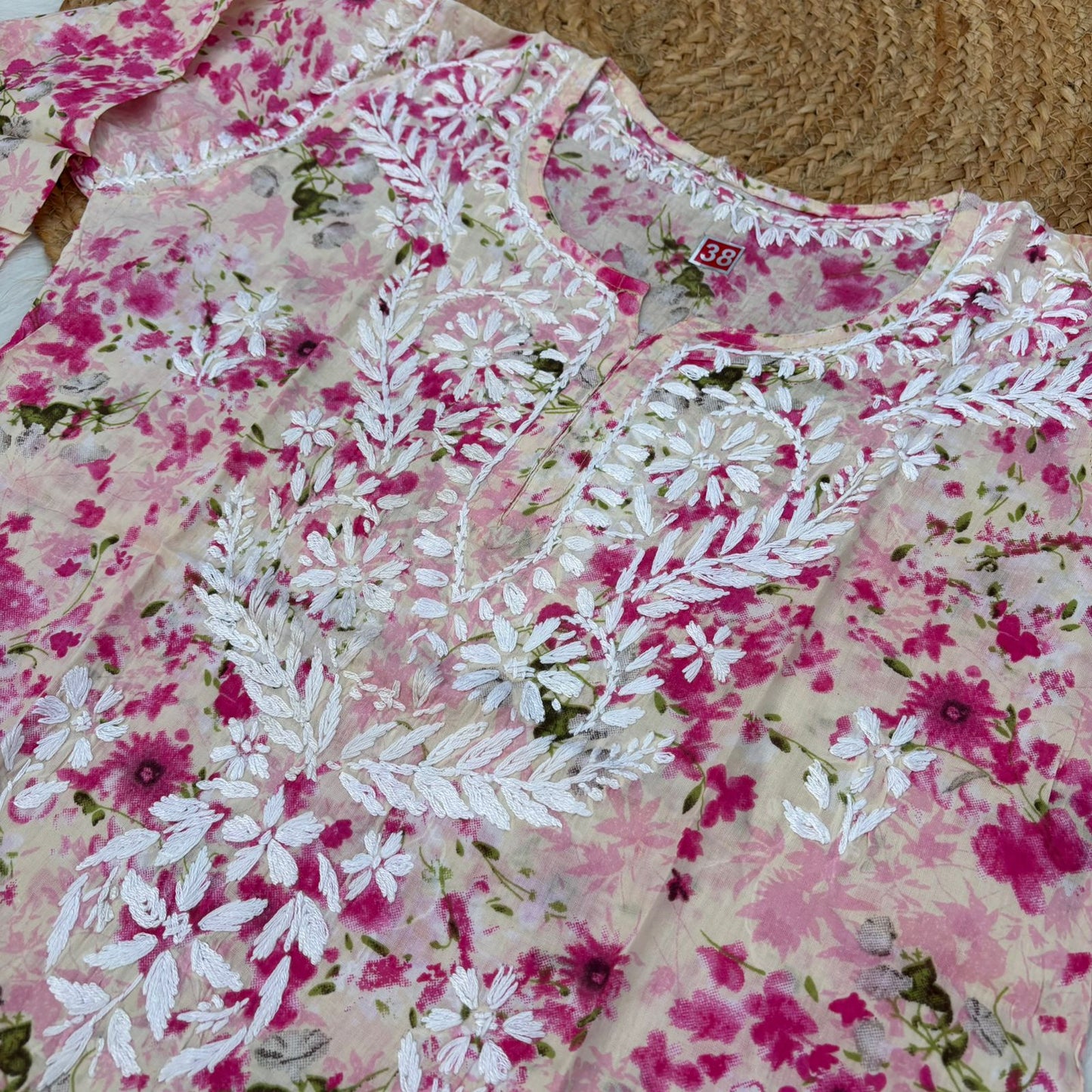 Nura Pure Mulmul Cotton Short Kurti - Pink Colour - Chikankaar