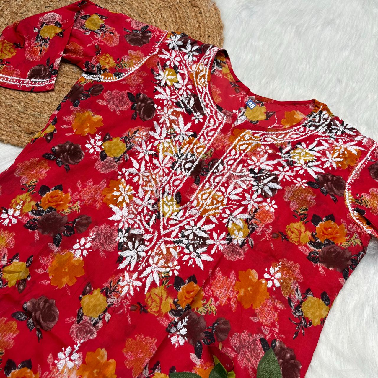Plus size special-Dhanashree Inspired Mulmul Floral Printed Chikankari Handwork Kurti -Red Colour - Chikankaar