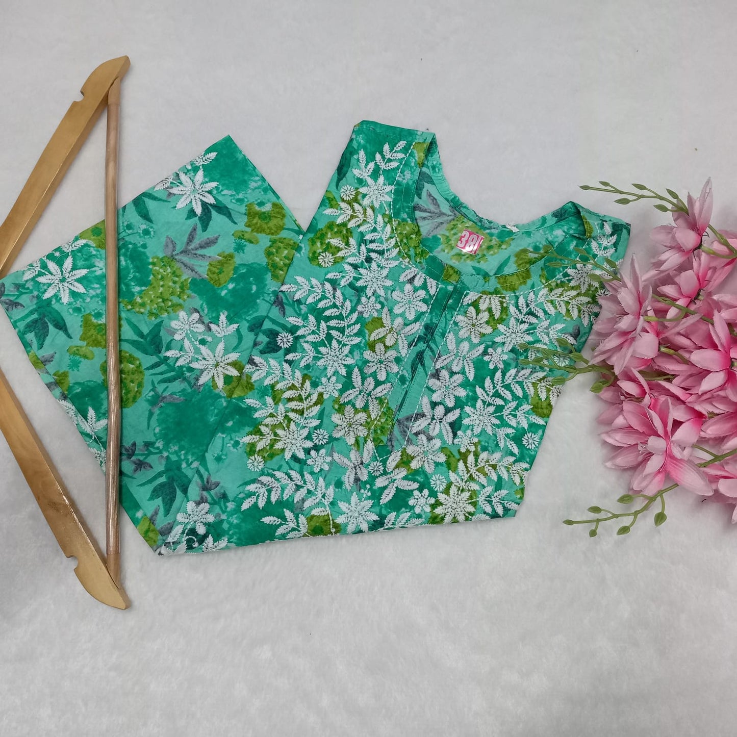 Mulmul Cotton Chikankari Machine Work Kurti - Sea Green Colour - Chikankaar