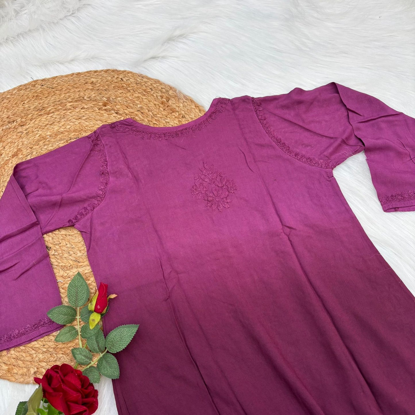 Sofia Ombre Shaded Soft Rayon Chikankari Short Kurti -Wine Colour - Chikankaar