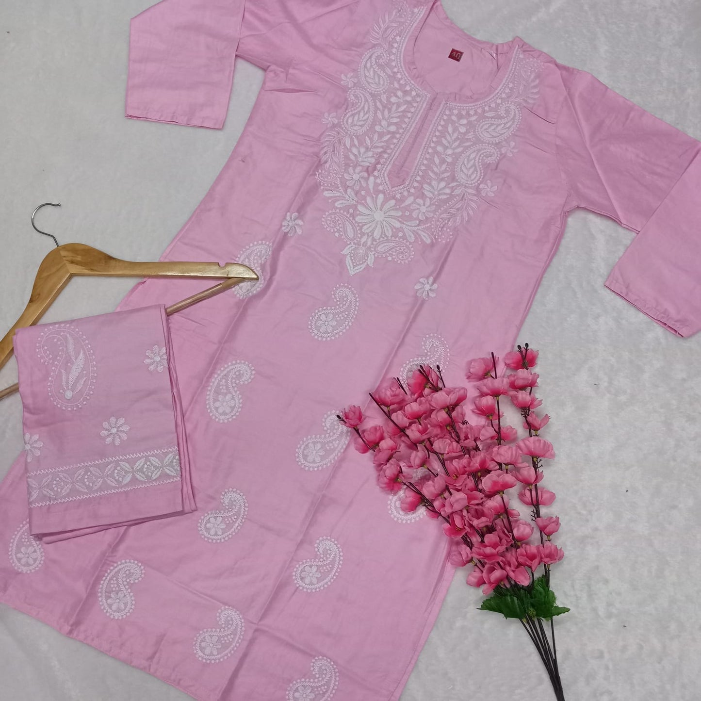 Rayon Chikankari Machine Work Kurti Plazo Set- Baby Pink Colour - Chikankaar