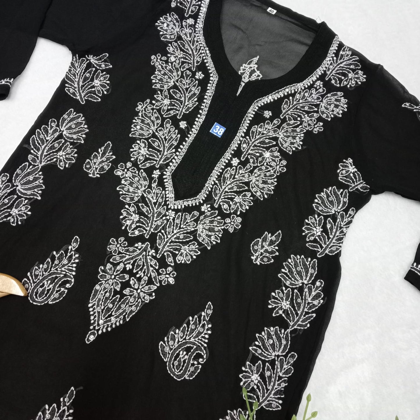 Stone Work Georgette Chikankari Kurti -Black Colour - Chikankaar
