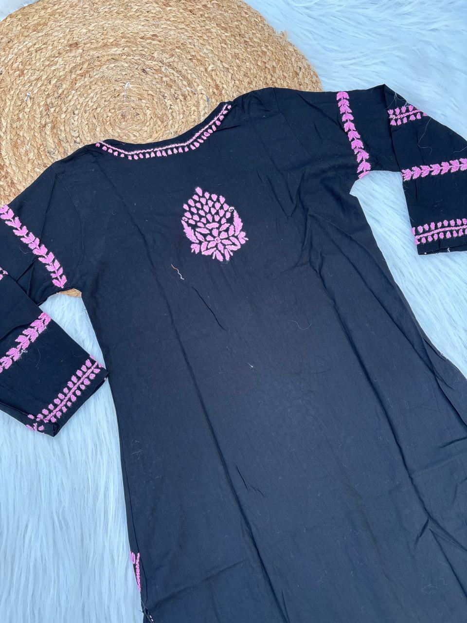 Shifa Soft Rayon Lucknowi Chikankari Kurti - Black Pink Color