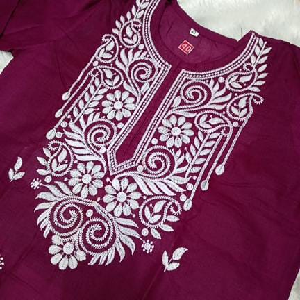 Cotton Machine Work Chikankari Kurti -Wine Colour - Chikankaar
