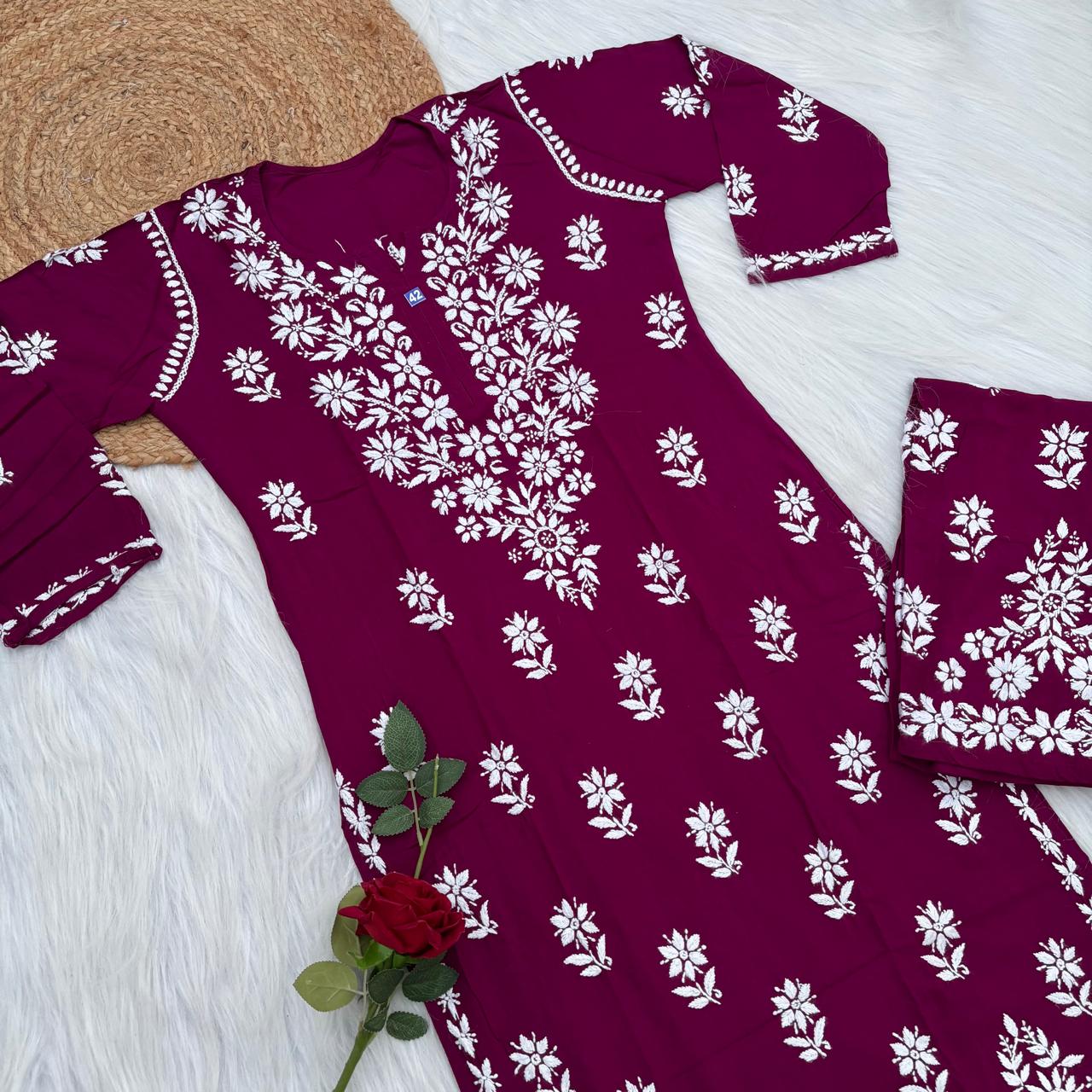 Maya Rayon Chikankari Kurti Plazo Set - Wine Colour