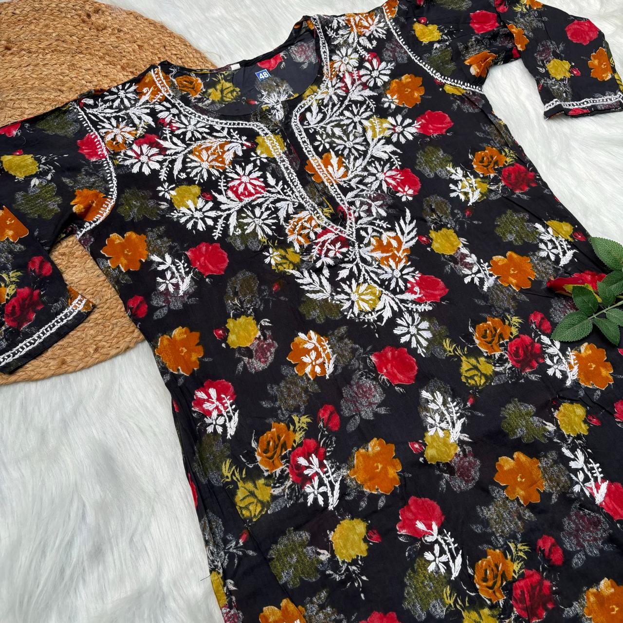 Plus size special-Dhanashree Inspired Mulmul Floral Printed Chikankari Handwork Kurti -Black Colour - Chikankaar