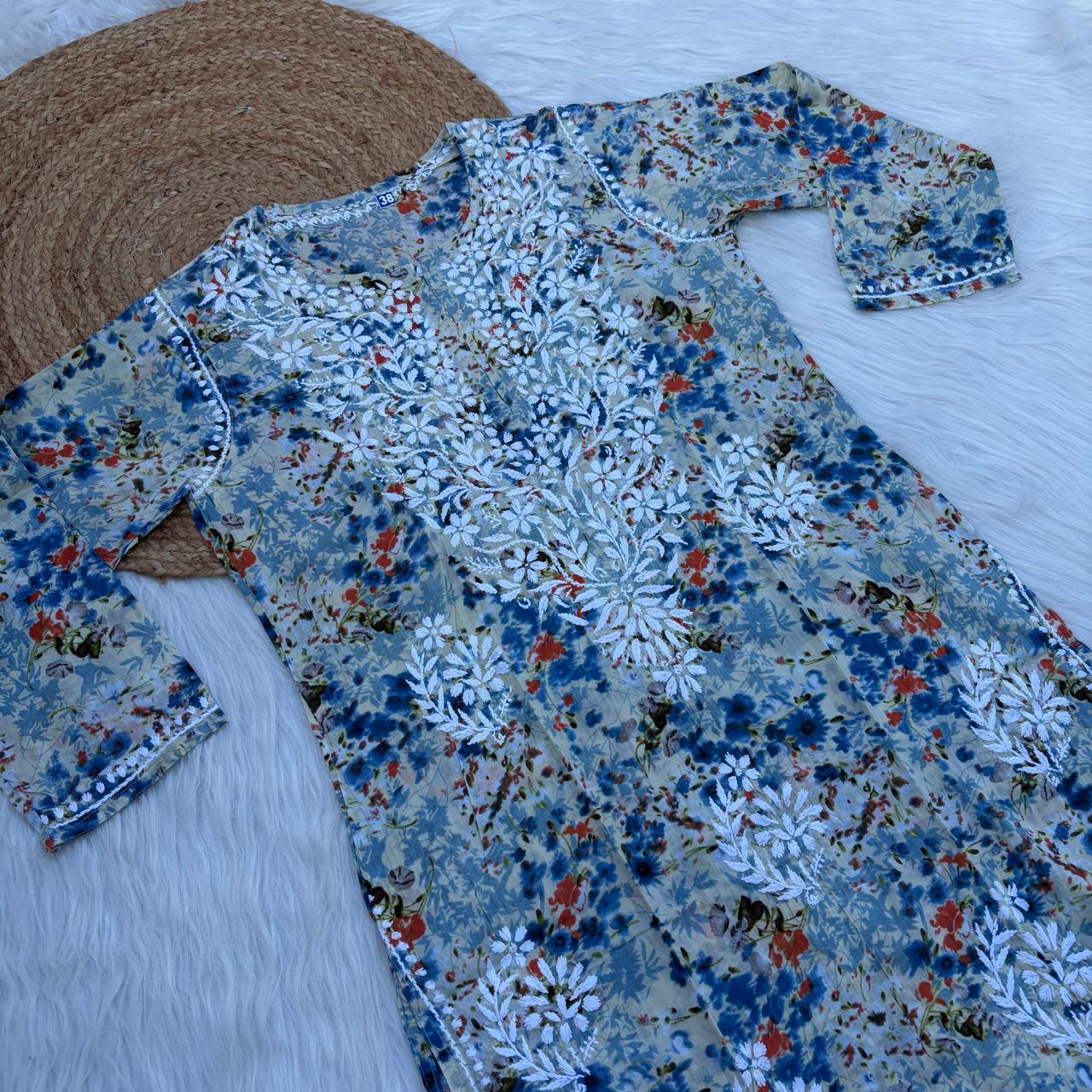 Fatima Pure Mulmul Chikankari Handwork Kurti - Blue Colour