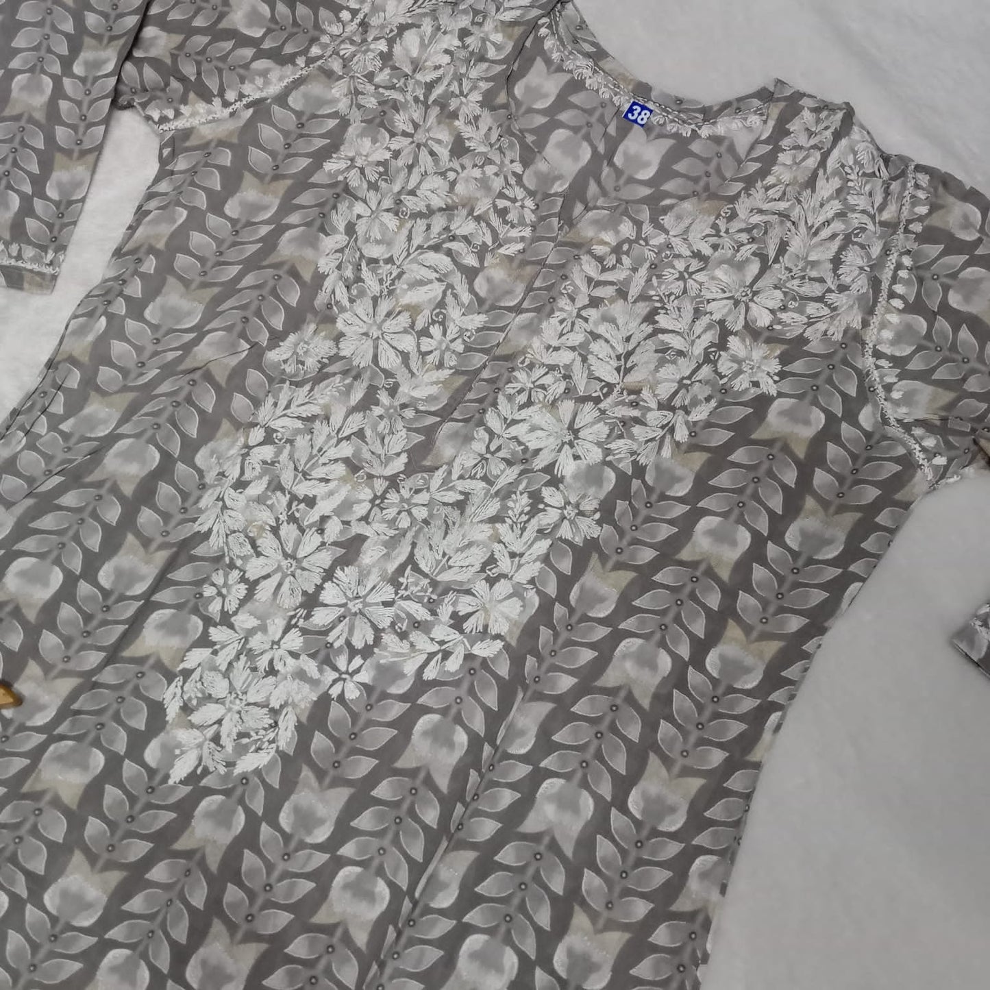 Pure Mulmul Chikankari Handwork Kurti - Grey Colour - Chikankaar