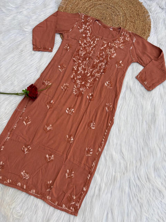 Roohi Rayon Tone To Tone Lucknowi Handwork Chikankari Kurti - Brown Color