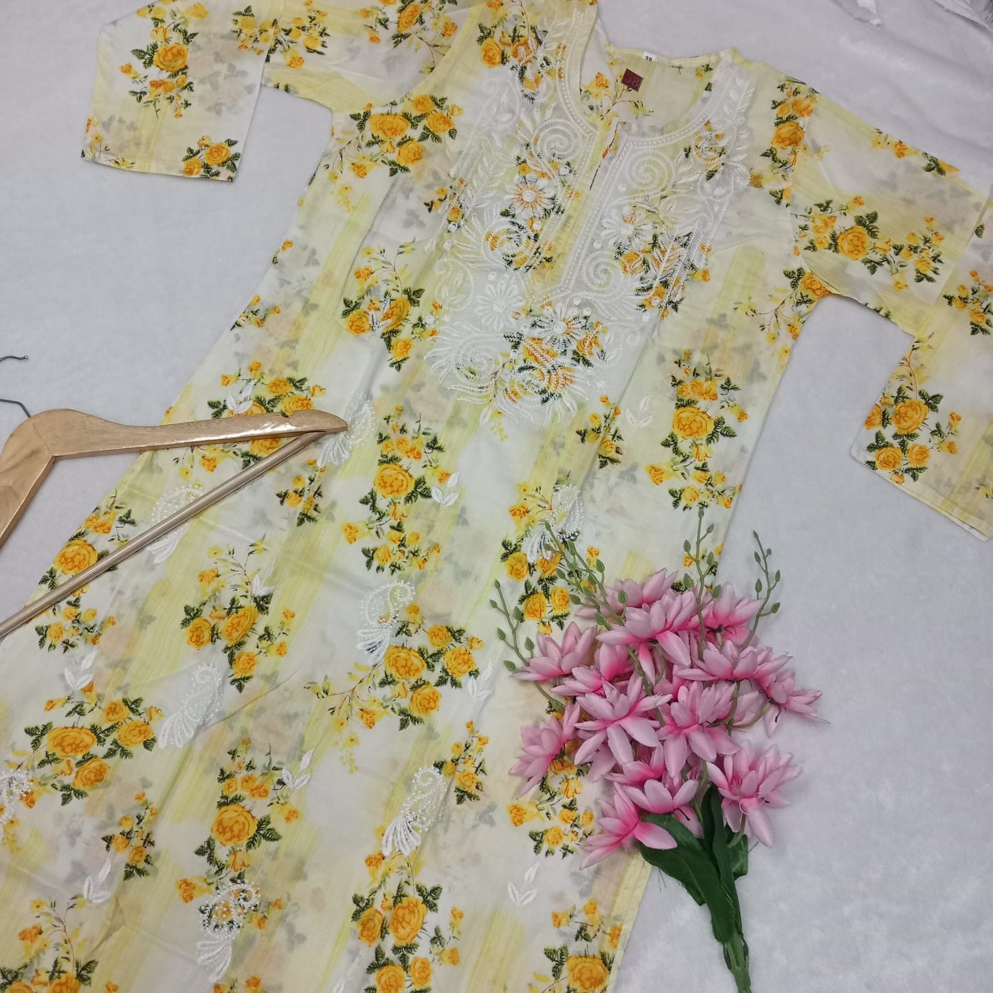 Mulmul Cotton Chikankari Machine Work Kurti -Yellow Colour - Chikankaar