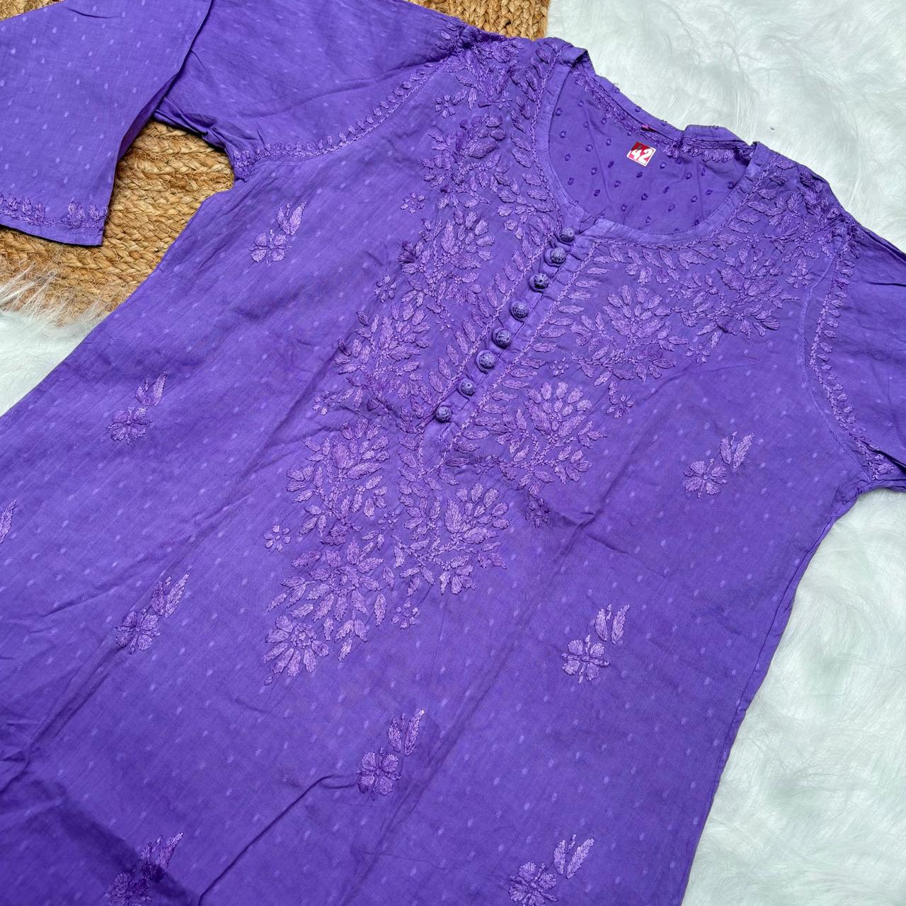 Adaah Ombre Shaded Dobby Cotton Chikankari Kurti - Purple - Chikankaar