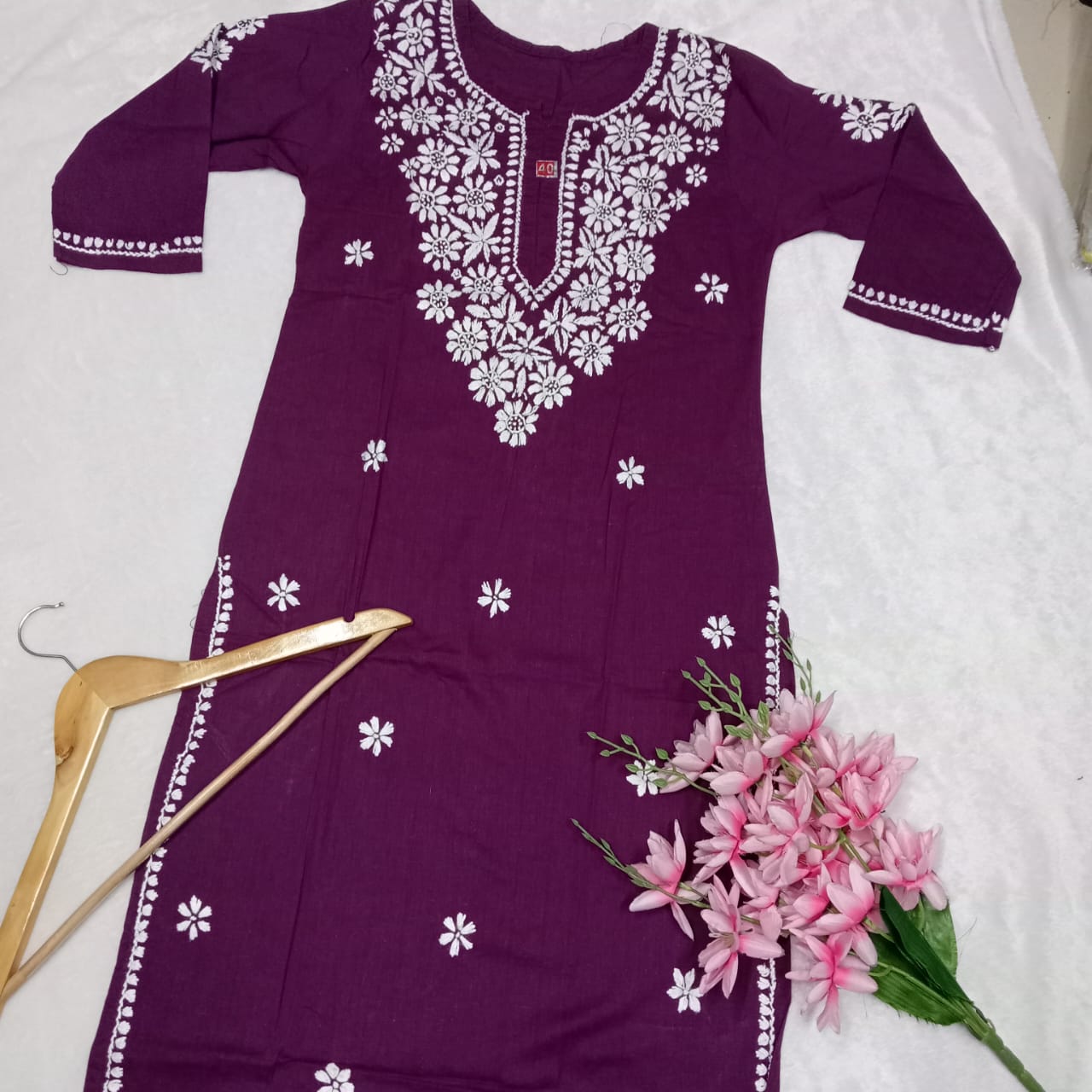 Pure Cotton Chikankari Handwork Kurti - Wine Colour - Chikankaar