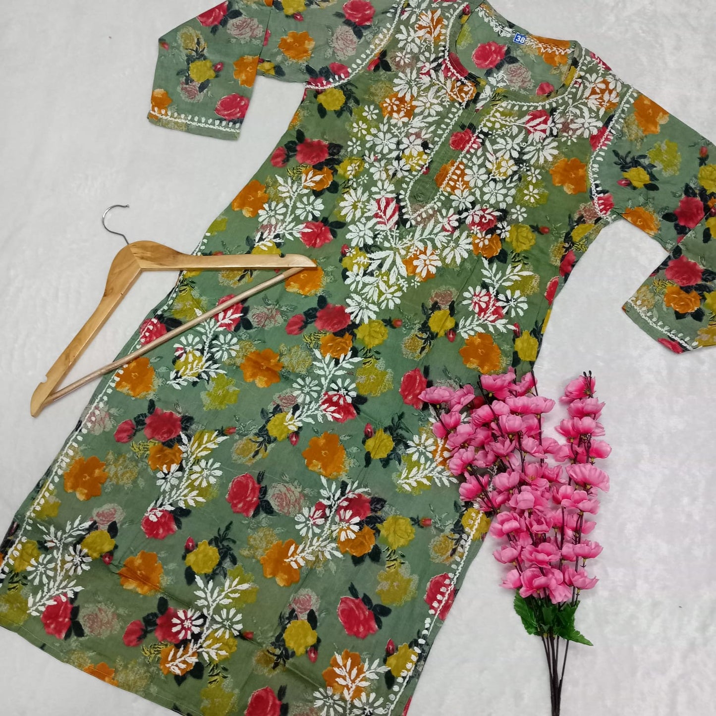 Dhanashree Inspired Mulmul Floral Printed Chikankari Handwork Kurti -Dark Green Colour - Chikankaar