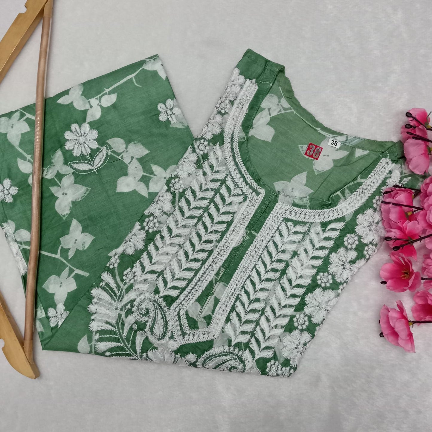 Mulmul Cotton Chikankari Machine Work Kurti - Dark Green Colour - Chikankaar