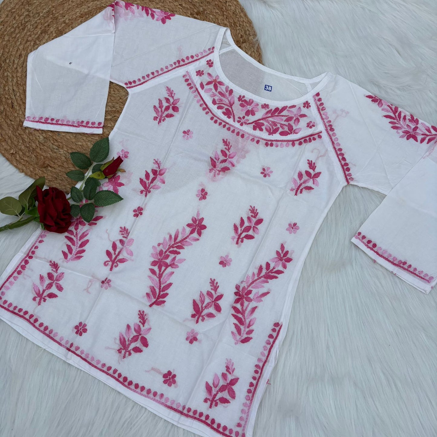 Alia Soft Rayon Chikankari Short Kurti - White Pink Color - Chikankaar