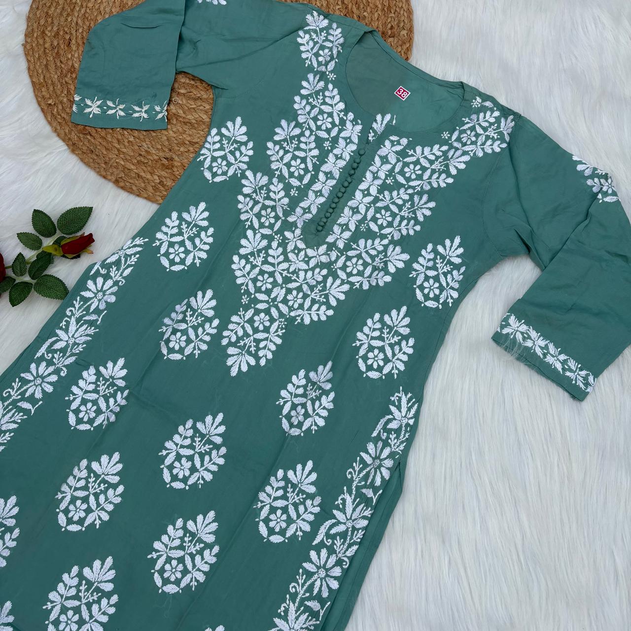 Ameena Soft Rayon Chikankari Kurti - Pista Colour