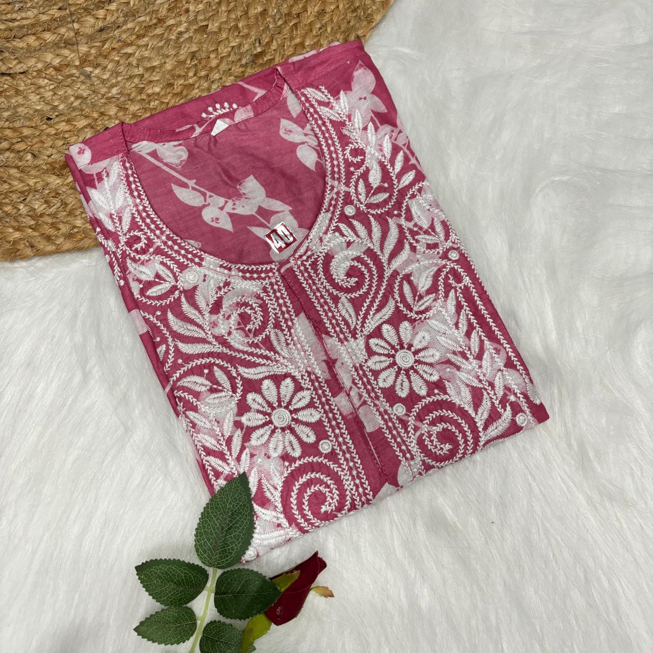 Mulmul Cotton Chikankari Machine Work Kurti - Pink Colour - Chikankaar