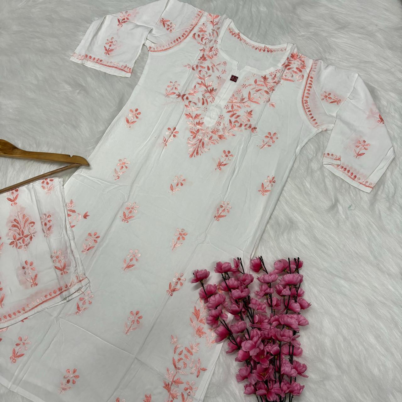 Aleena Rayon Chikankari Kurti Plazo Set - White Peach color - Chikankaar