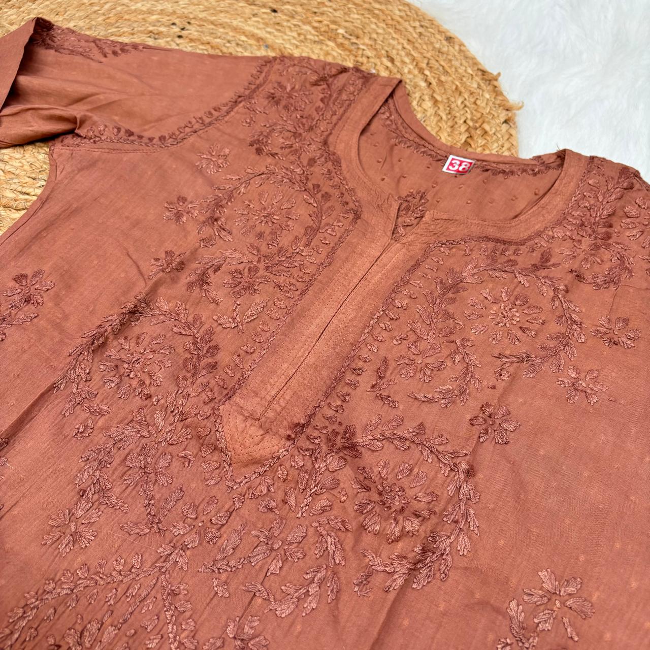 Tuba Ombre Shaded Dobby Cotton Chikankari Kurti - Brown Colour - Chikankaar
