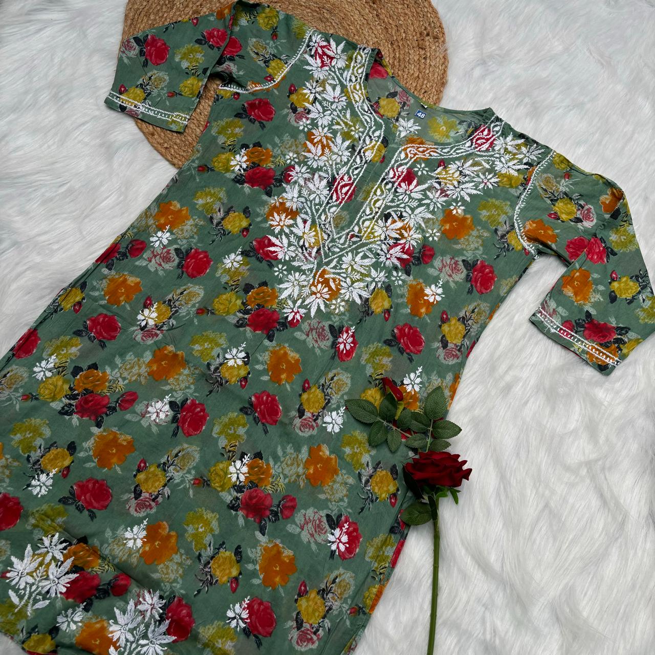 Plus size special-Dhanashree Inspired Mulmul Floral Printed Chikankari Handwork Kurti- Dark Green Colour - Chikankaar