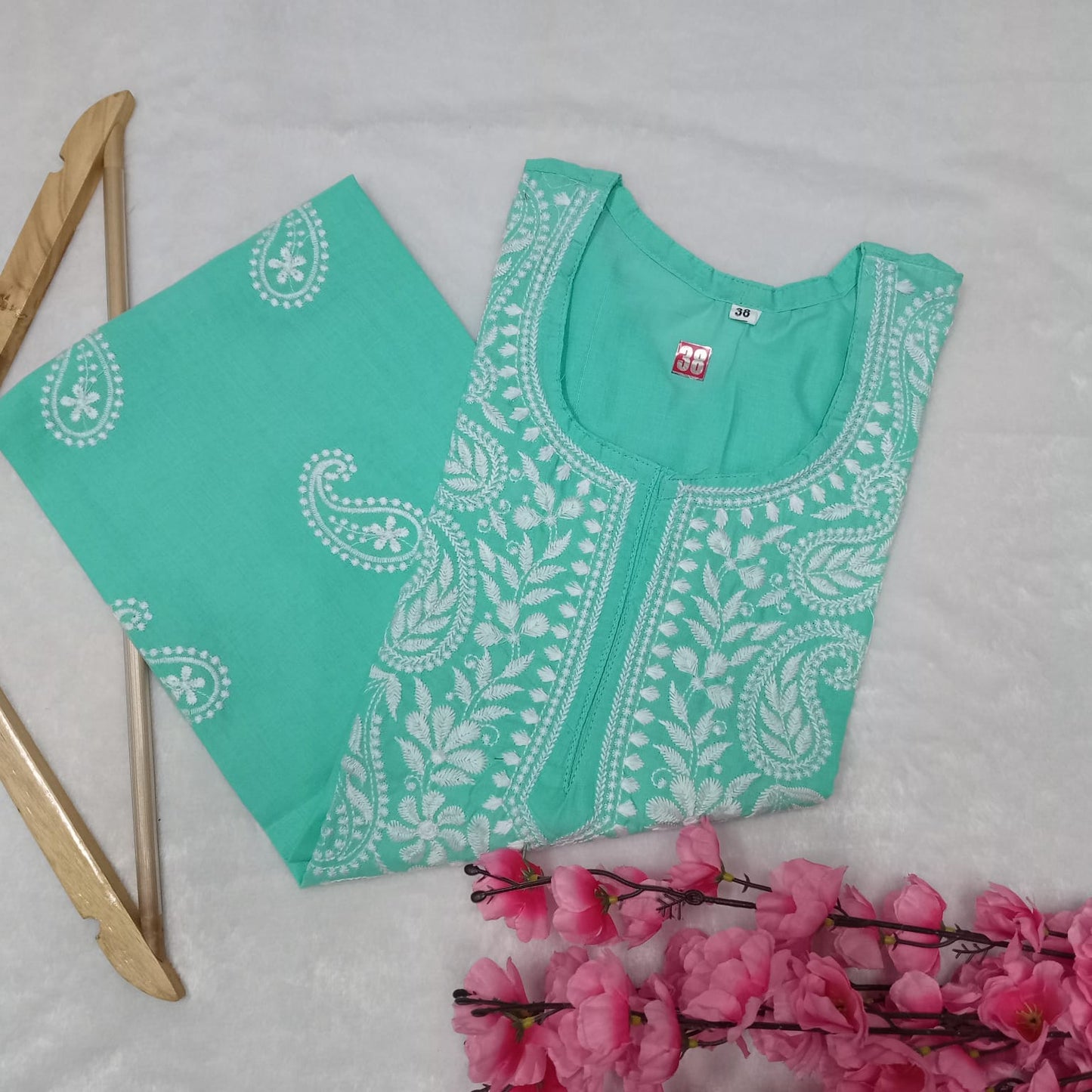 Cotton Machine Work Chikankari Kurti -Light Sea Green Colour - Chikankaar