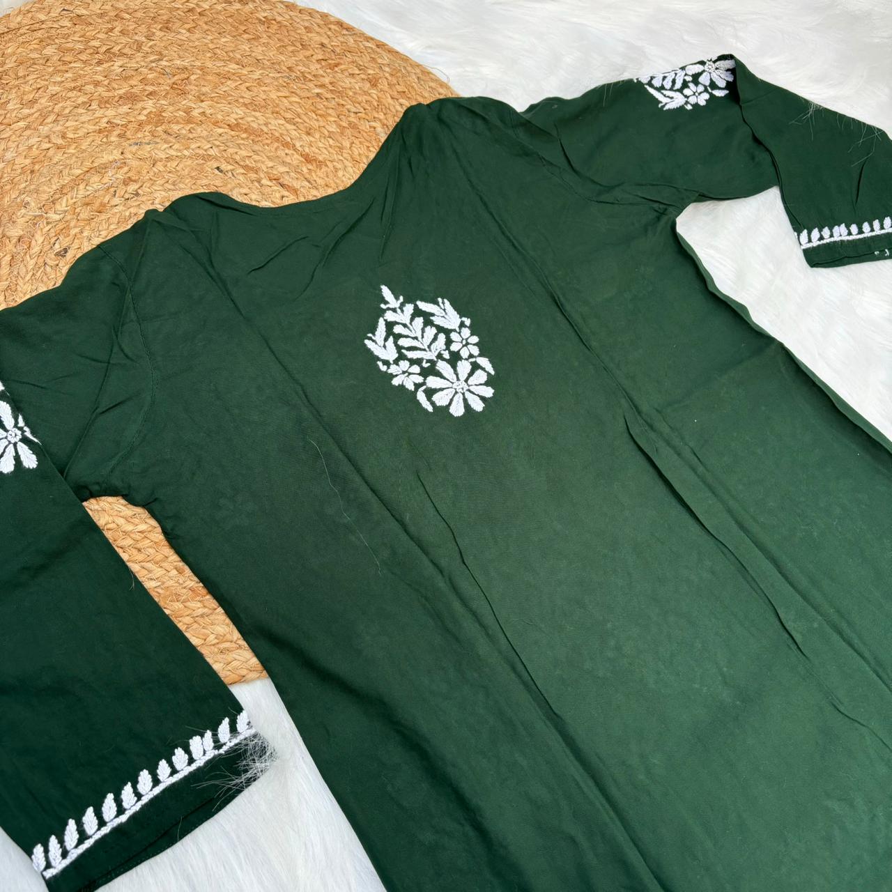 Jannat Soft Rayon Chikankari Kurti Plazo Set - Dark Green colour - Chikankaar