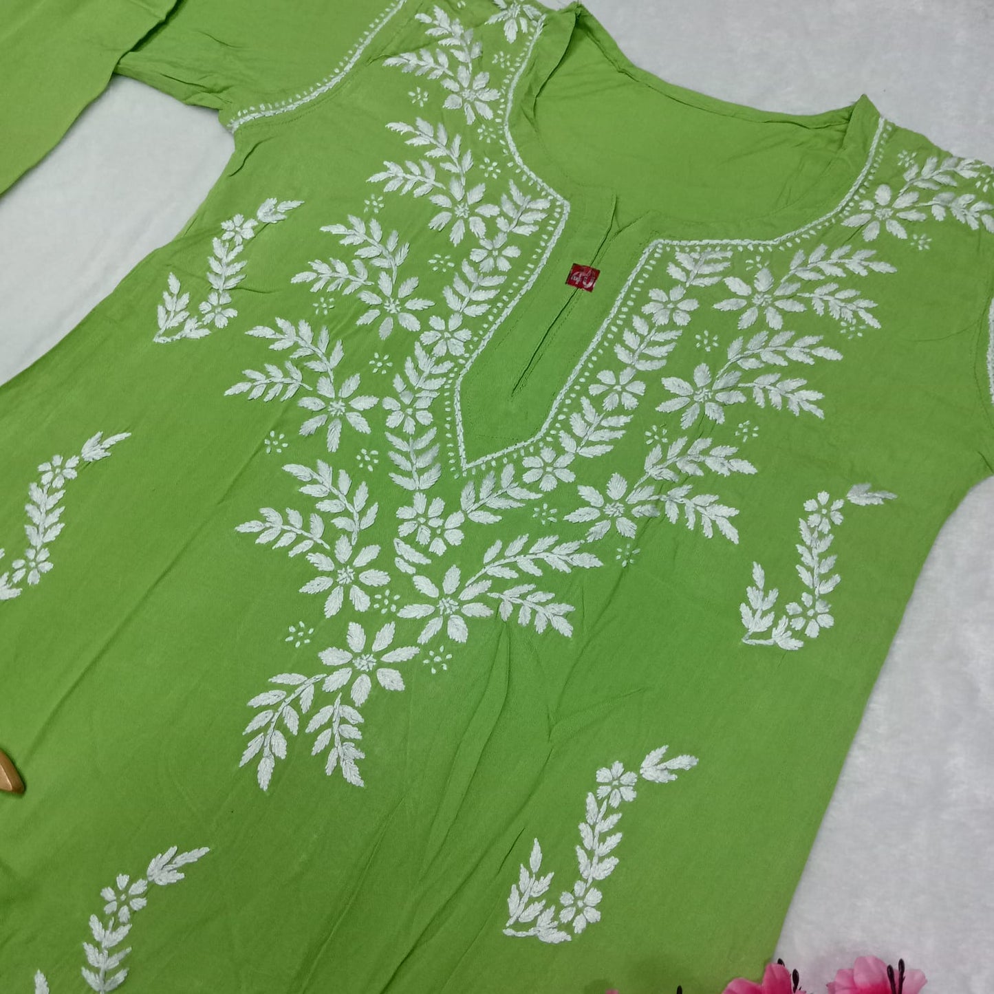 Pure Rayon Chikankari Ghas Patti Work Kurti - Parrot Colour Colour - Chikankaar