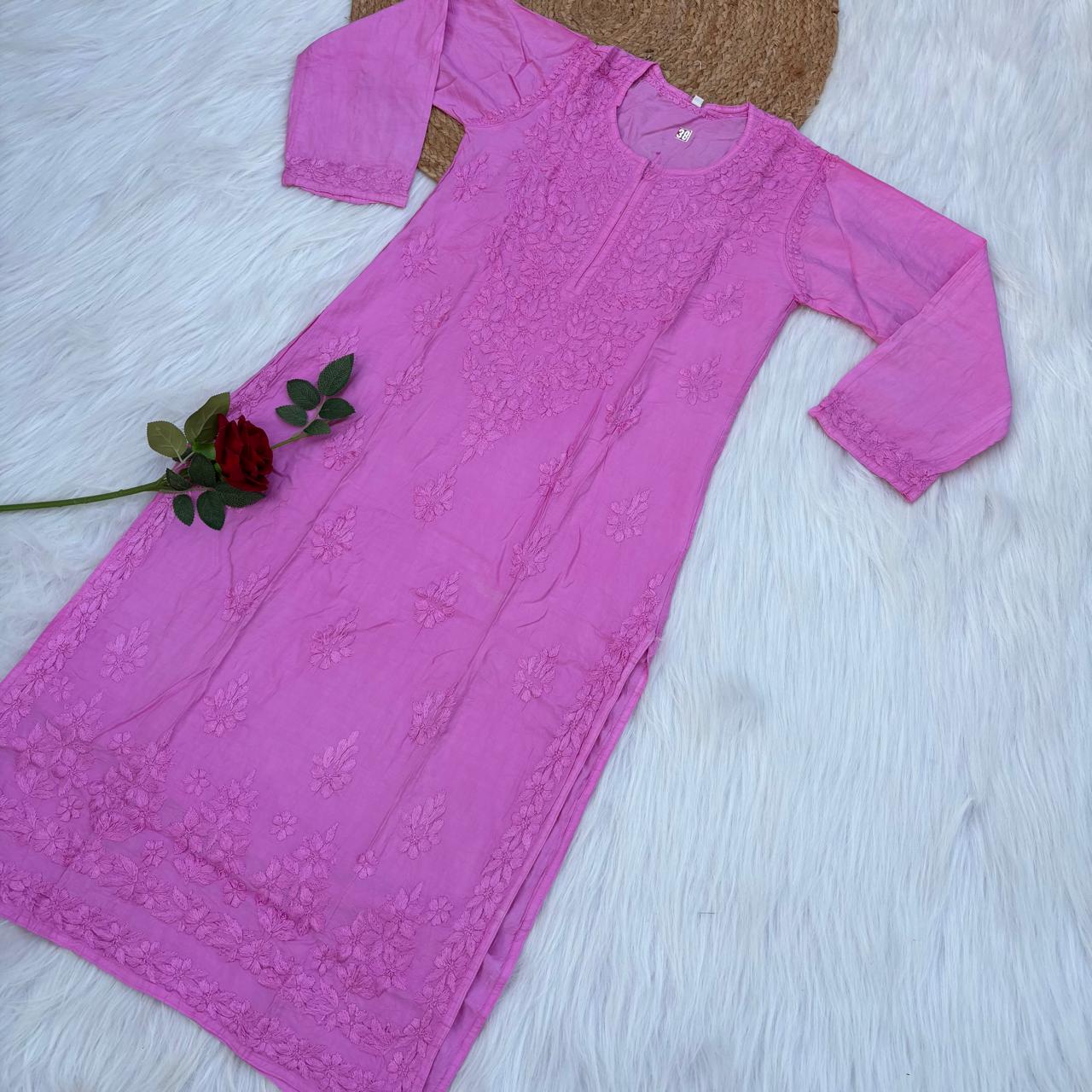 Zooni Chanderi Lucknowi Chikankari Dyed Kurti - Baby Pink