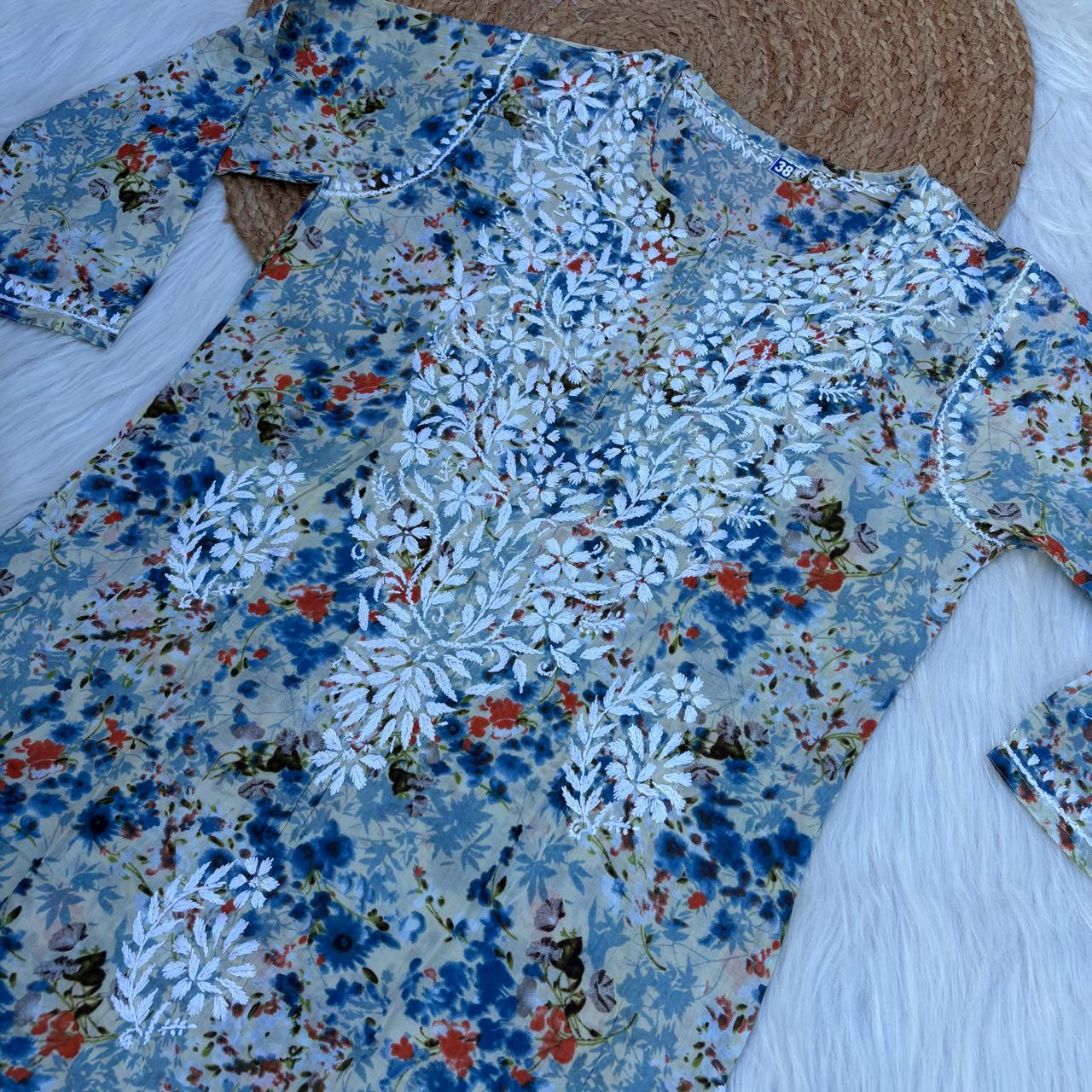 Fatima Pure Mulmul Chikankari Handwork Kurti - Blue Colour