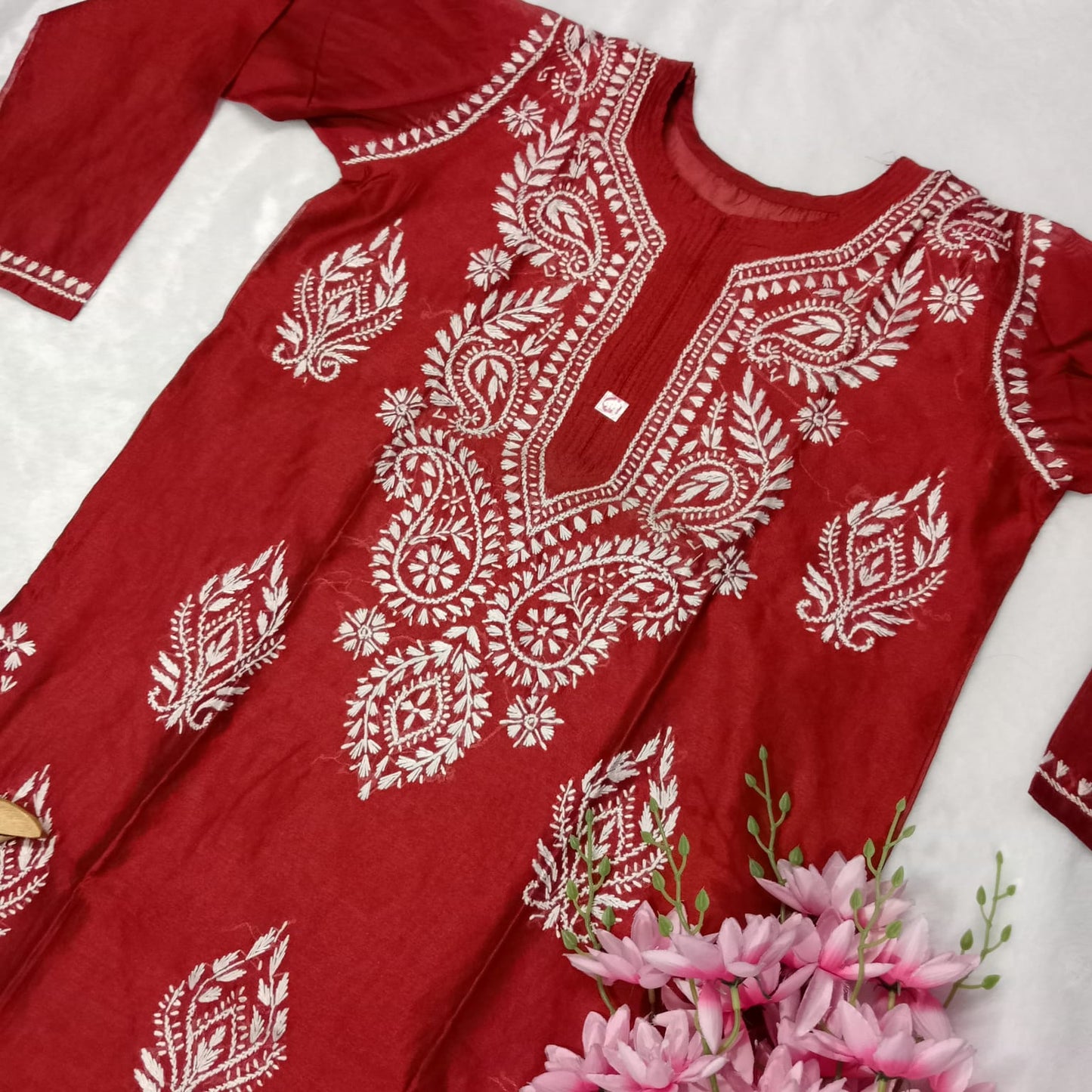 Soft Chanderi Silk Chikankari Kurti With Inner - Red Color - Chikankaar