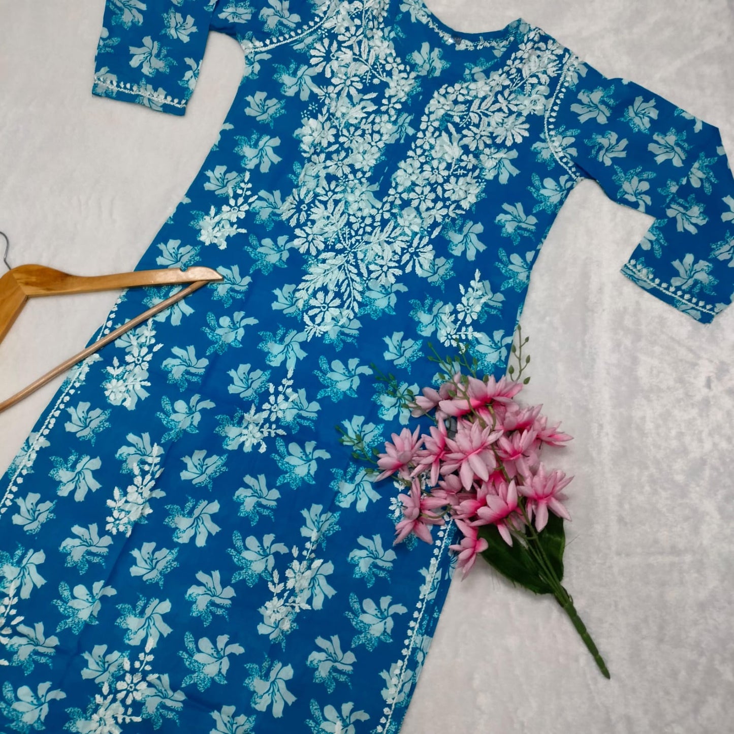 Suhana Khan Inspired Pure Mulmul Chikankari Kurti- Sky Blue Colour - Chikankaar