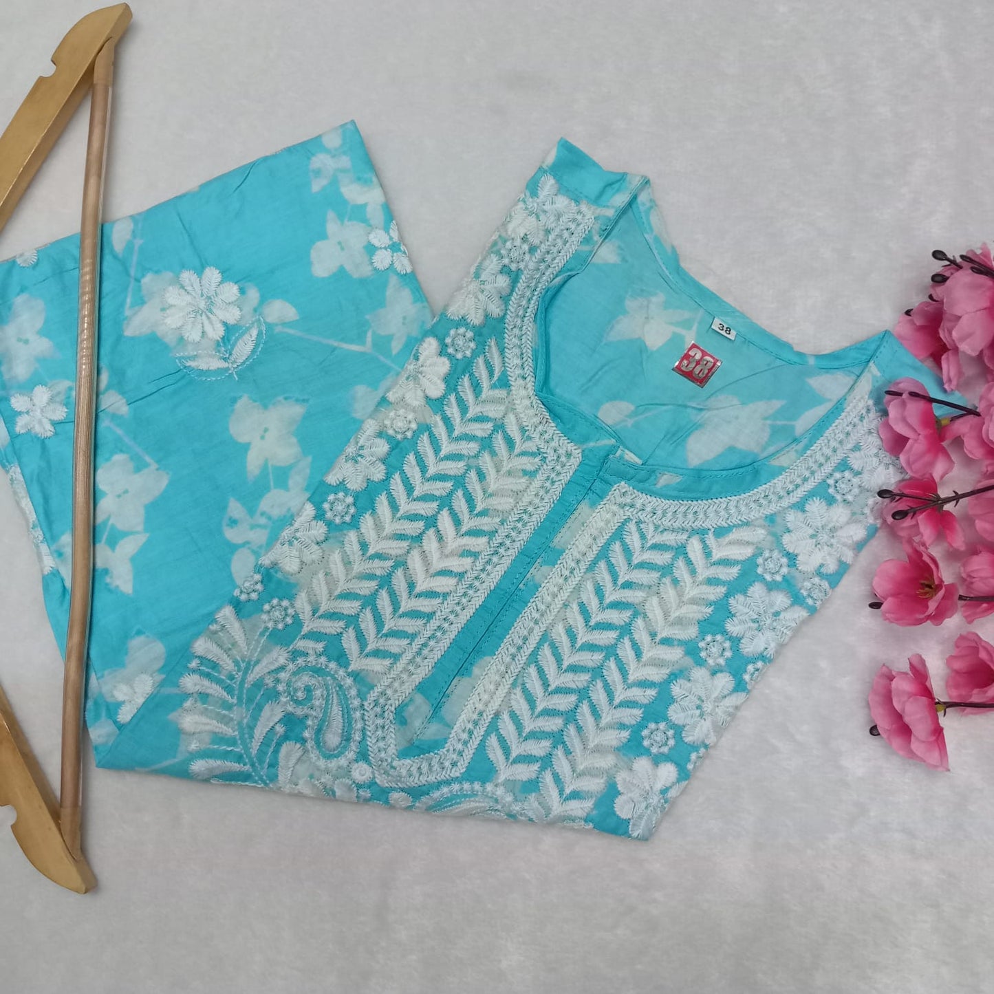 Mulmul Cotton Chikankari Machine Work Kurti - Sky Colour - Chikankaar